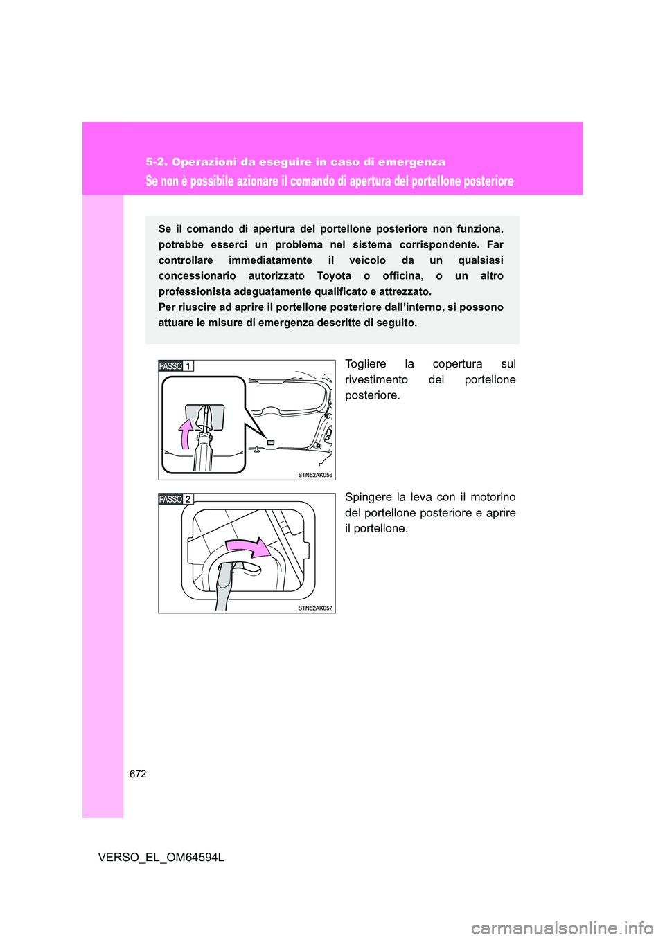 TOYOTA VERSO 2016  Manuale duso (in Italian) 672
5-2. Operazioni da eseguire in caso di emergenza
VERSO_EL_OM64594L
Se non è possibile azionare il comando di apertura del portellone posteriore
Togliere la copertura sul 
rivestimento del portell
