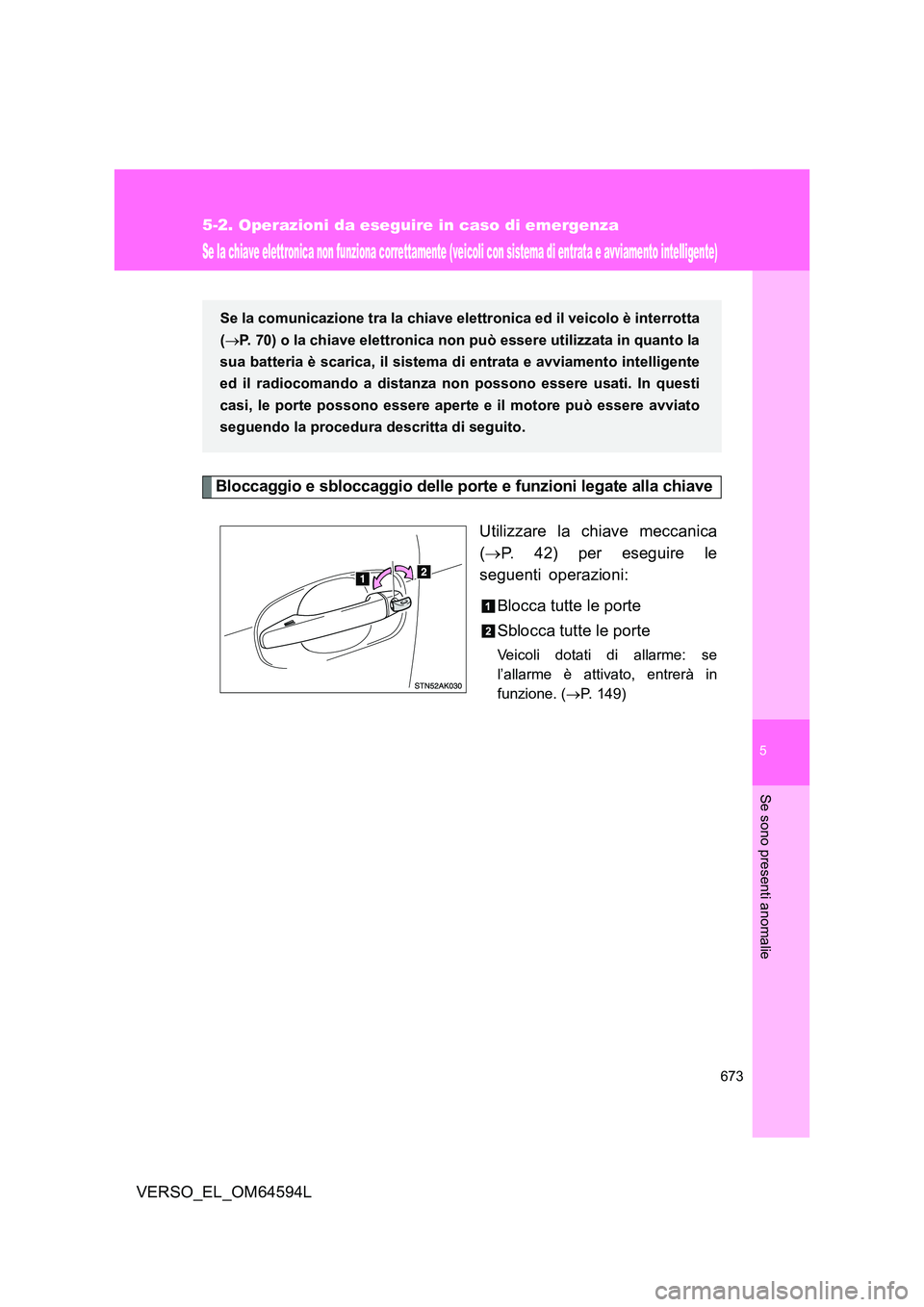 TOYOTA VERSO 2016  Manuale duso (in Italian) 5
673
5-2. Operazioni da eseguire in caso di emergenza
Se sono presenti anomalie
VERSO_EL_OM64594L
Se la chiave elettronica non funziona correttamente (veicoli con sistema di entrata e avviamento inte