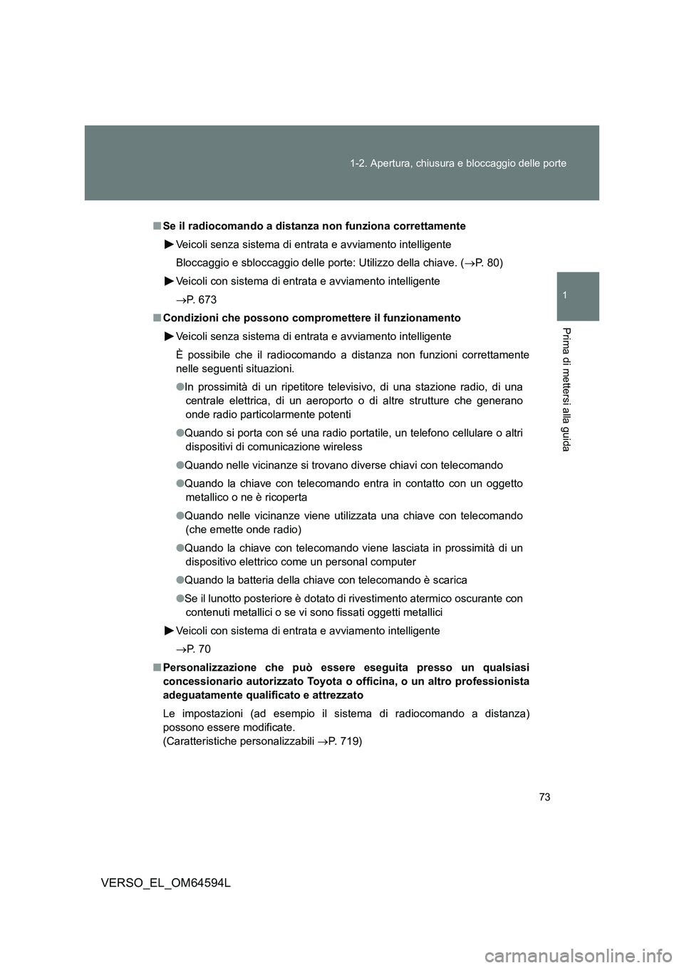 TOYOTA VERSO 2016 Manuale duso (in Italian) 73
1-2. Apertura, chiusura e bloccaggio delle porte
1
Prima di mettersi alla guida
VERSO_EL_OM64594L
■ Se il radiocomando a distanza non funziona correttamente
Veicoli senza sistema di entrata e a TOYOTA VERSO 2016 Manuale duso (in Italian) 73
1-2. Apertura, chiusura e bloccaggio delle porte
1
Prima di mettersi alla guida
VERSO_EL_OM64594L
■ Se il radiocomando a distanza non funziona correttamente
Veicoli senza sistema di entrata e a