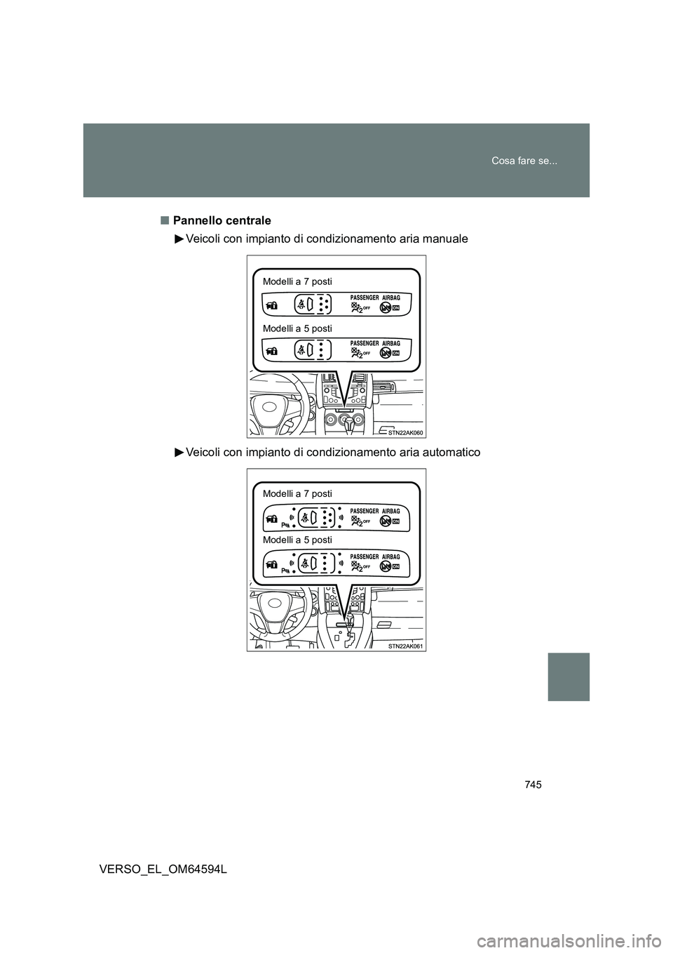 TOYOTA VERSO 2016 Manuale duso (in Italian) 745
Cosa fare se...
VERSO_EL_OM64594L
■ Pannello centrale
Veicoli con impianto di condizionamento aria manuale
Veicoli con impianto di condizionamento aria automatico
Modelli a 7 posti
Modelli TOYOTA VERSO 2016 Manuale duso (in Italian) 745
Cosa fare se...
VERSO_EL_OM64594L
■ Pannello centrale
Veicoli con impianto di condizionamento aria manuale
Veicoli con impianto di condizionamento aria automatico
Modelli a 7 posti
Modelli