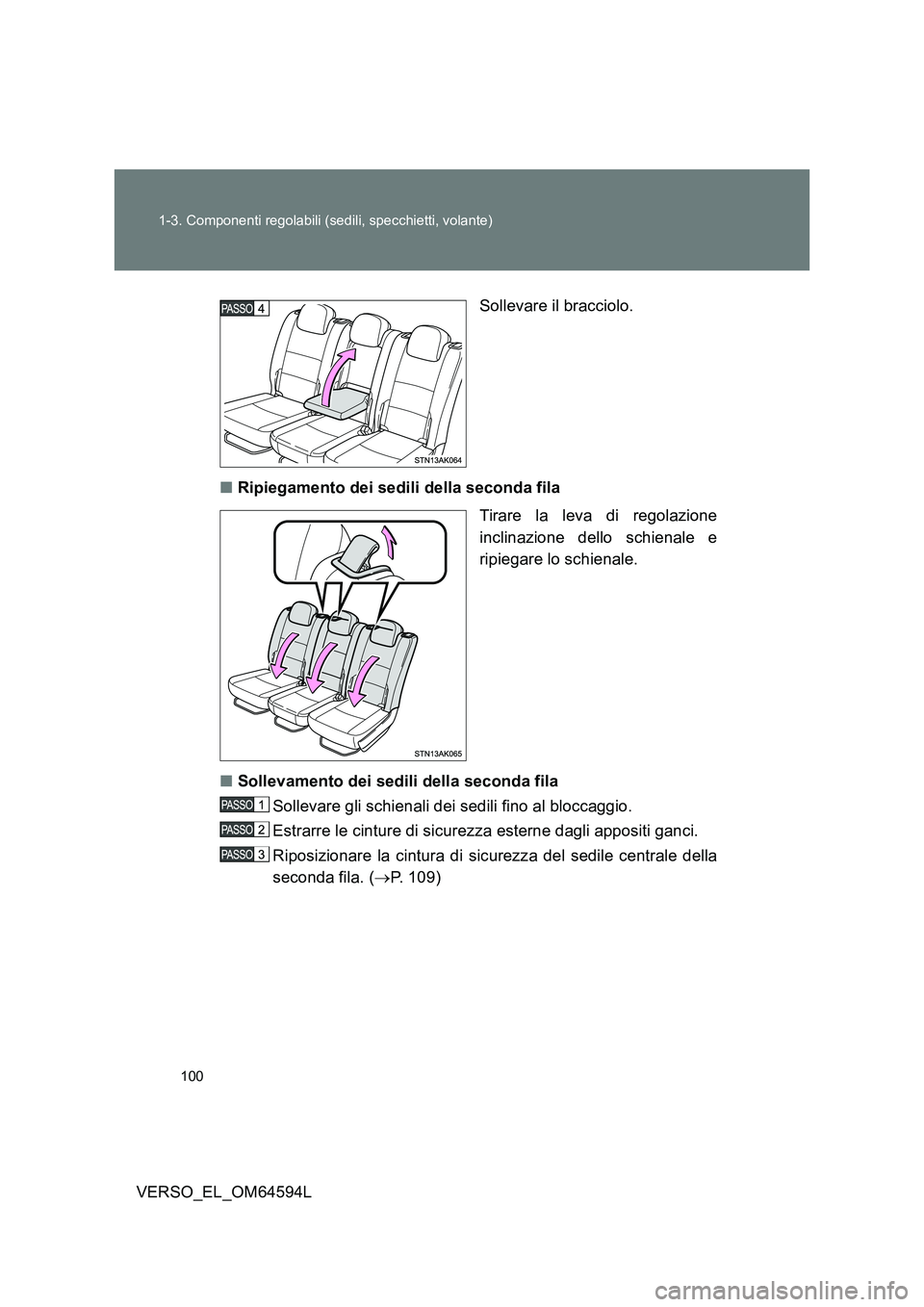 TOYOTA VERSO 2016 Manuale duso (in Italian) 100
1-3. Componenti regolabili (sedili, specchietti, volante)
VERSO_EL_OM64594L
Sollevare il bracciolo.
■ Ripiegamento dei sedili della seconda fila
Tirare la leva di regolazione
inclinazione d TOYOTA VERSO 2016 Manuale duso (in Italian) 100
1-3. Componenti regolabili (sedili, specchietti, volante)
VERSO_EL_OM64594L
Sollevare il bracciolo.
■ Ripiegamento dei sedili della seconda fila
Tirare la leva di regolazione
inclinazione d