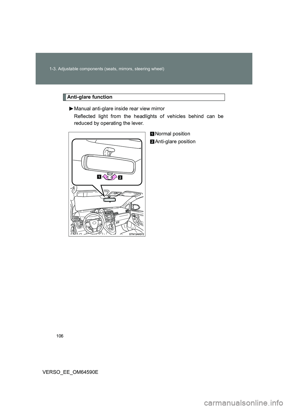TOYOTA VERSO 2016 Owners Manual 106
1-3. Adjustable components (seats, mirrors, steering wheel)
VERSO_EE_OM64590E
Anti-glare function
Manual anti-glare inside rear view mirror
Reflected light from the headlights of vehicles behin TOYOTA VERSO 2016 Owners Manual 106
1-3. Adjustable components (seats, mirrors, steering wheel)
VERSO_EE_OM64590E
Anti-glare function
Manual anti-glare inside rear view mirror
Reflected light from the headlights of vehicles behin