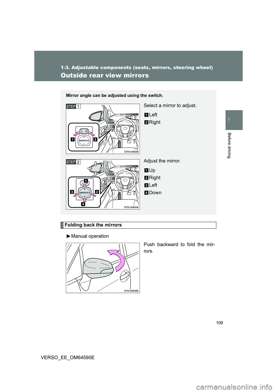 TOYOTA VERSO 2016 Owners Manual 109
1
1-3. Adjustable components (seats, mirrors, steering wheel)
Before driving
VERSO_EE_OM64590E
Outside rear view mirrors
Folding back the mirrors
Manual operation
Push backward to fold the mir- TOYOTA VERSO 2016 Owners Manual 109
1
1-3. Adjustable components (seats, mirrors, steering wheel)
Before driving
VERSO_EE_OM64590E
Outside rear view mirrors
Folding back the mirrors
Manual operation
Push backward to fold the mir-