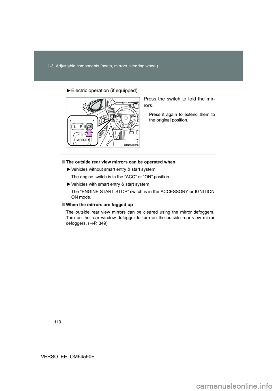 TOYOTA VERSO 2016 Owners Manual 110
1-3. Adjustable components (seats, mirrors, steering wheel)
VERSO_EE_OM64590E
Electric operation (if equipped)
Press the switch to fold the mir-
rors.
Press it again to extend them to
the ori TOYOTA VERSO 2016 Owners Manual 110
1-3. Adjustable components (seats, mirrors, steering wheel)
VERSO_EE_OM64590E
Electric operation (if equipped)
Press the switch to fold the mir-
rors.
Press it again to extend them to
the ori