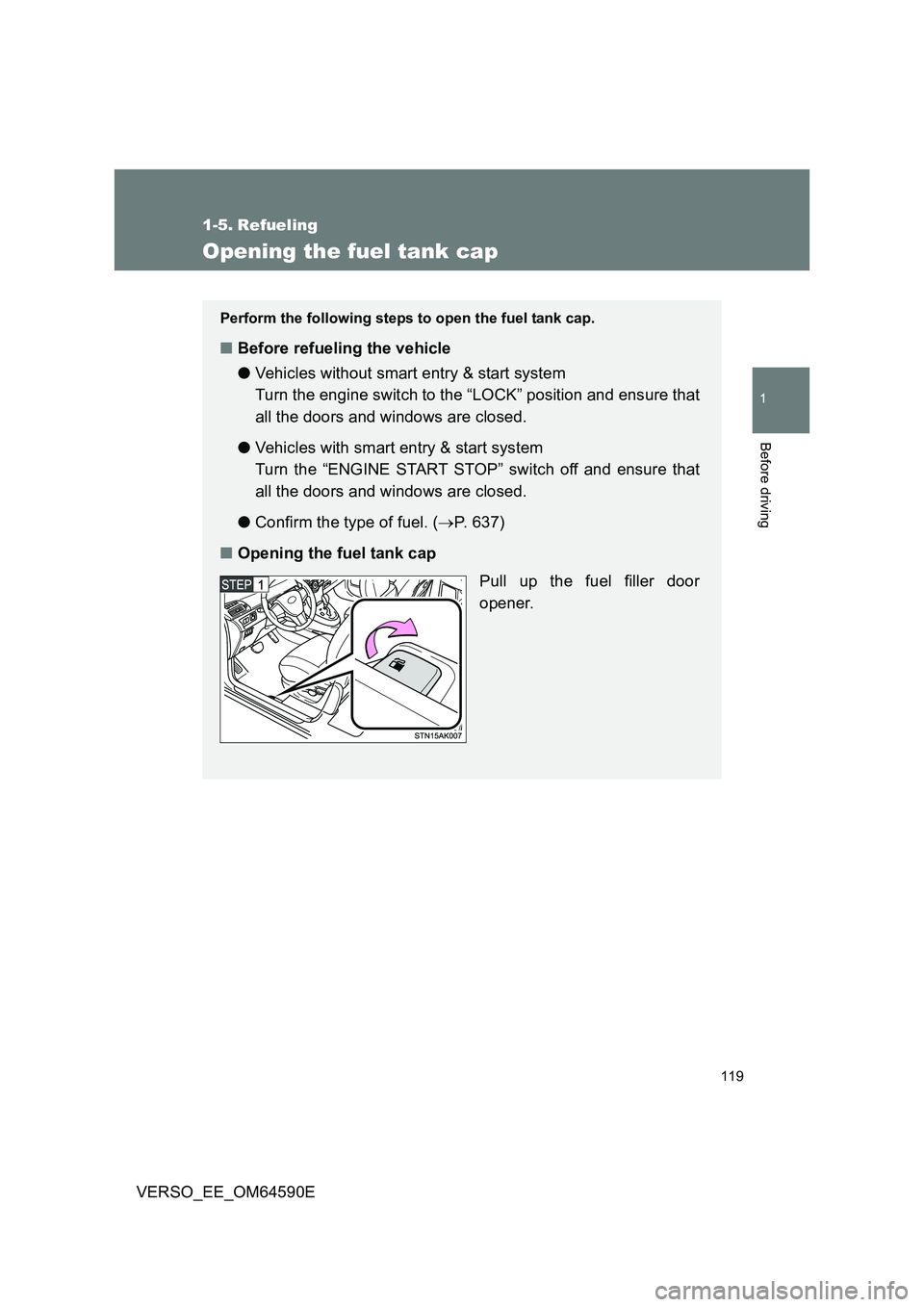 TOYOTA VERSO 2016 Owners Manual 119
1
Before driving
VERSO_EE_OM64590E
1-5. Refueling
Opening the fuel tank cap
Perform the following steps to open the fuel tank cap.
■Before refueling the vehicle
● Vehicles without smart entry TOYOTA VERSO 2016 Owners Manual 119
1
Before driving
VERSO_EE_OM64590E
1-5. Refueling
Opening the fuel tank cap
Perform the following steps to open the fuel tank cap.
■Before refueling the vehicle
● Vehicles without smart entry
