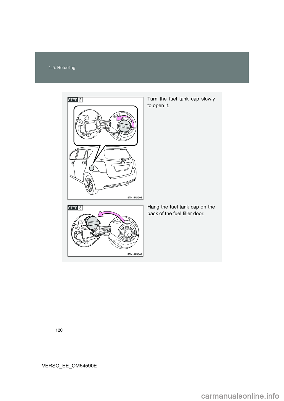 TOYOTA VERSO 2016 Owners Manual 120
1-5. Refueling
VERSO_EE_OM64590E
Turn the fuel tank cap slowly
to open it.
Hang the fuel tank cap on the
back of the fuel filler door. TOYOTA VERSO 2016 Owners Manual 120
1-5. Refueling
VERSO_EE_OM64590E
Turn the fuel tank cap slowly
to open it.
Hang the fuel tank cap on the
back of the fuel filler door.