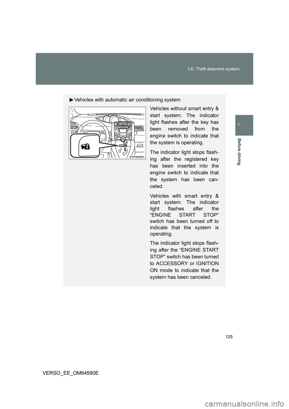 TOYOTA VERSO 2016  Owners Manual 125 
1-6. Theft deterrent system
1
Before driving
VERSO_EE_OM64590E
Vehicles with automatic air conditioning system 
Vehicles without smart entry & 
start system: The indicator 
light flashes after th