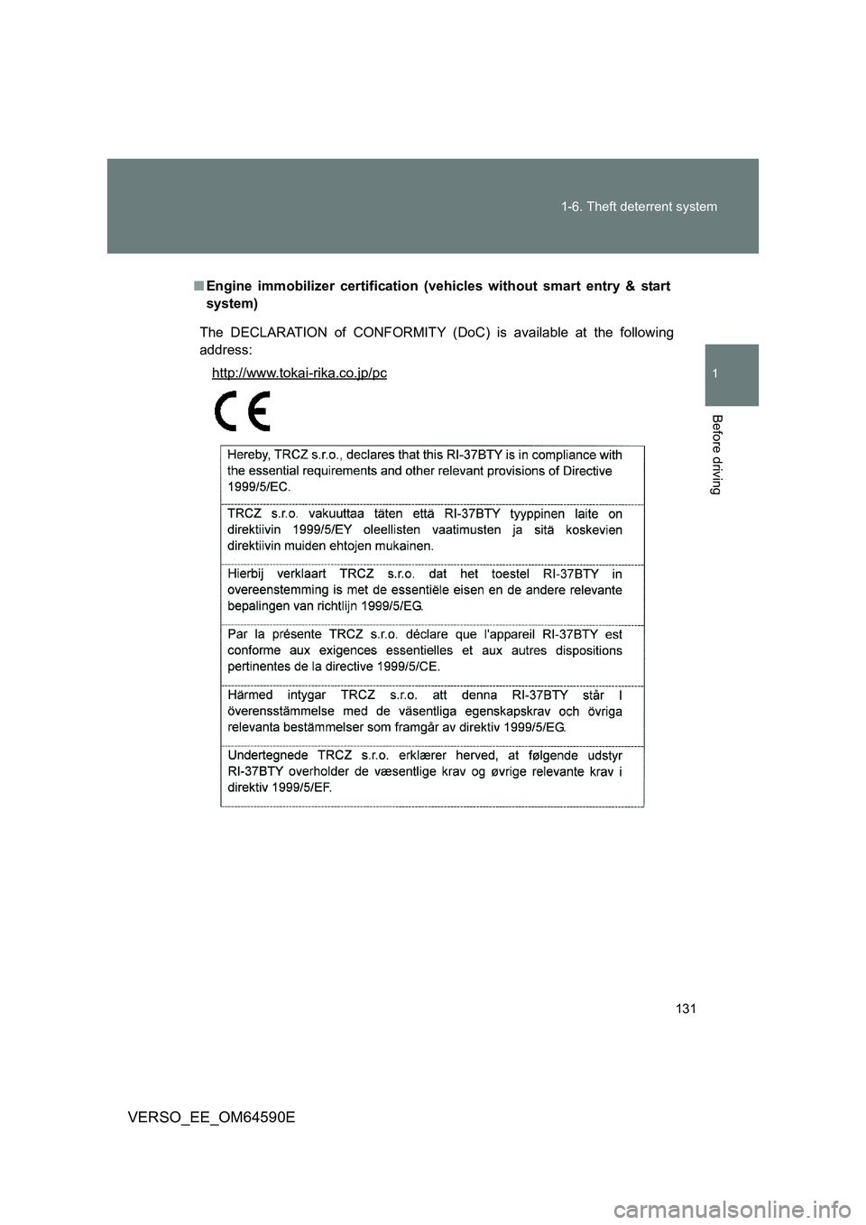TOYOTA VERSO 2016  Owners Manual 131 
1-6. Theft deterrent system
1
Before driving
VERSO_EE_OM64590E
■ Engine immobilizer certification (vehicles without smart entry & start 
system)
The DECLARATION of CONFORMITY (DoC) is available