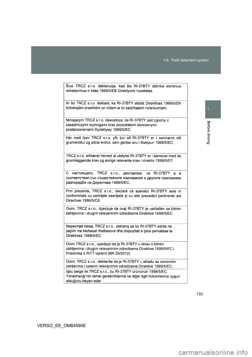 TOYOTA VERSO 2016  Owners Manual 133 
1-6. Theft deterrent system
1
Before driving
VERSO_EE_OM64590E 
