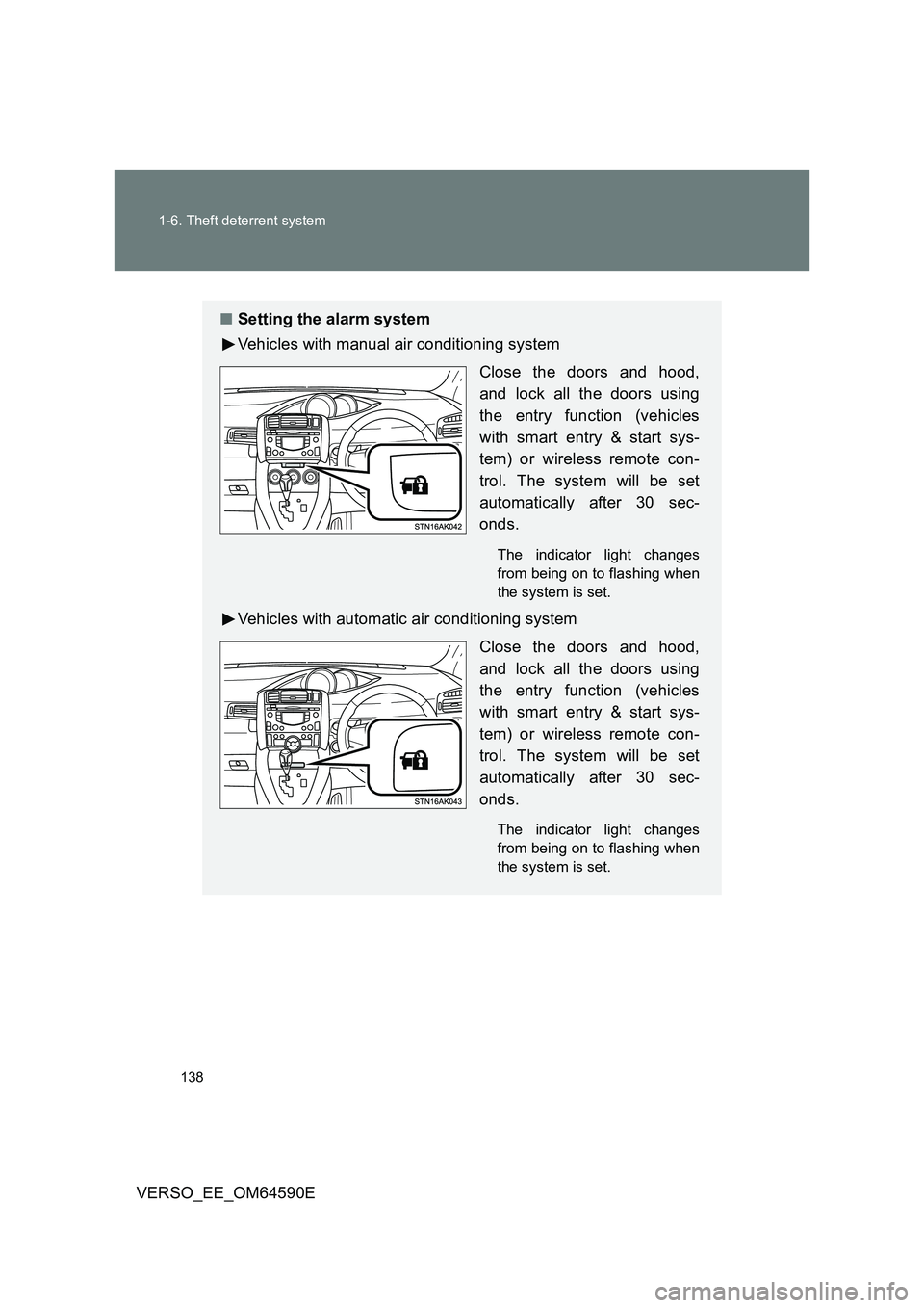 TOYOTA VERSO 2016  Owners Manual 138 
1-6. Theft deterrent system
VERSO_EE_OM64590E
■ Setting the alarm system 
Vehicles with manual air conditioning system 
Close the doors and hood, 
and lock all the doors using
the entry functio