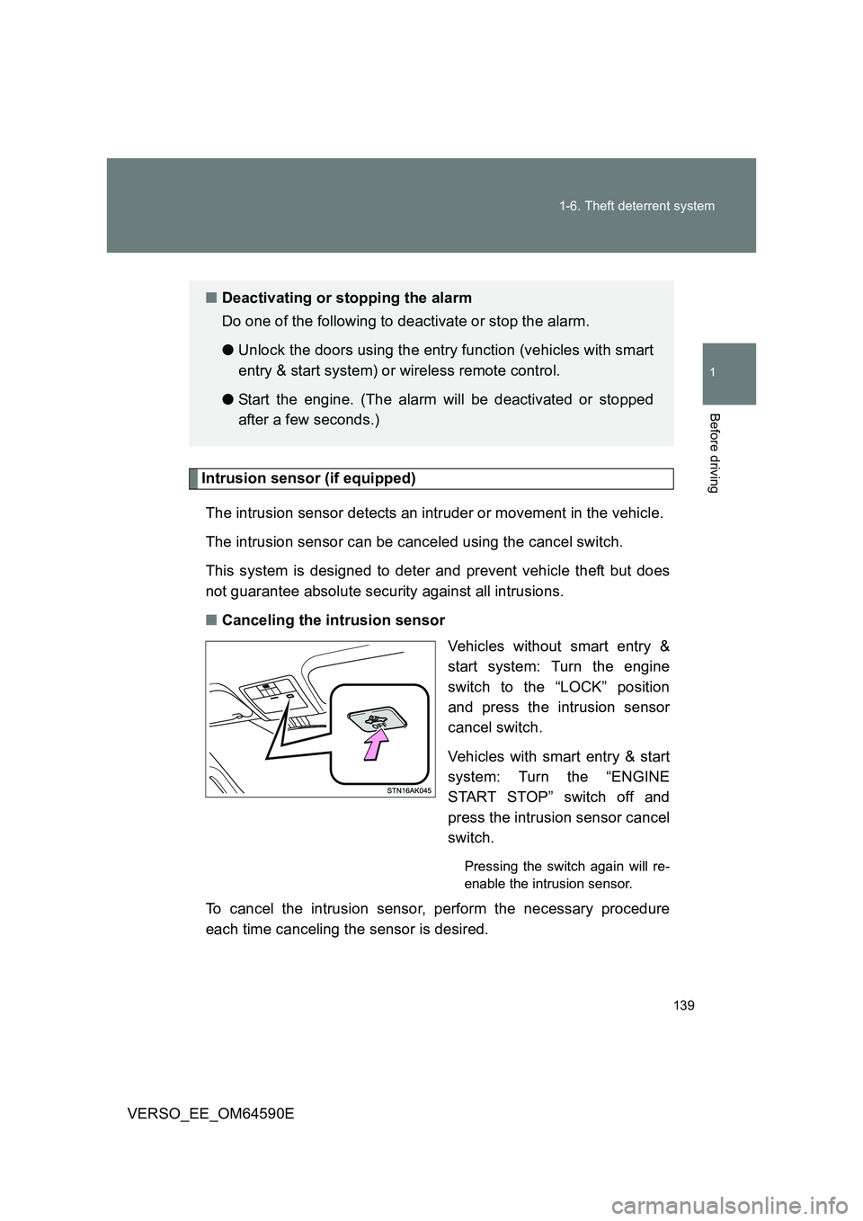 TOYOTA VERSO 2016 Owners Manual 139
1-6. Theft deterrent system
1
Before driving
VERSO_EE_OM64590E
Intrusion sensor (if equipped)
The intrusion sensor detects an intruder or movement in the vehicle.
The intrusion sensor can be ca TOYOTA VERSO 2016 Owners Manual 139
1-6. Theft deterrent system
1
Before driving
VERSO_EE_OM64590E
Intrusion sensor (if equipped)
The intrusion sensor detects an intruder or movement in the vehicle.
The intrusion sensor can be ca