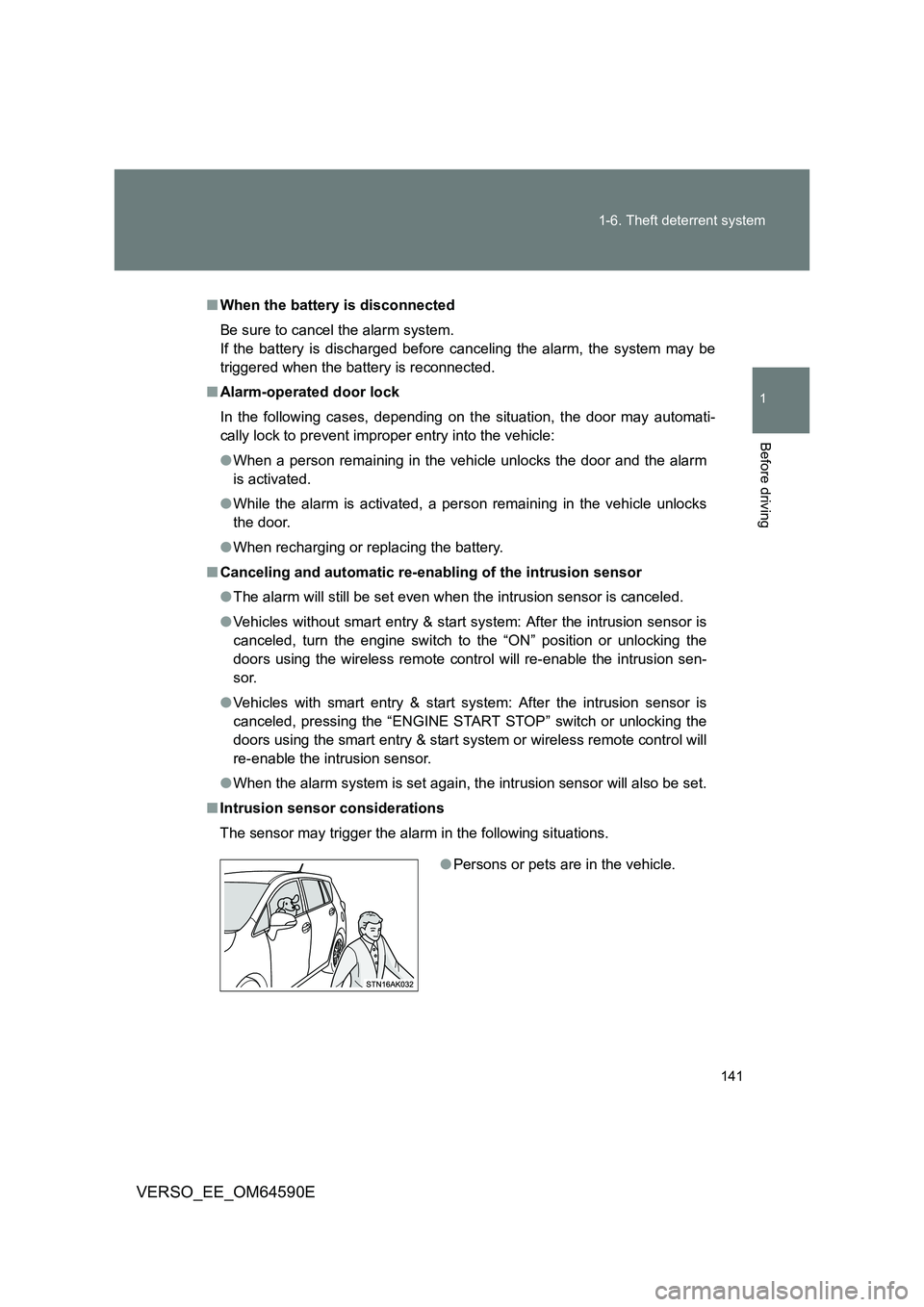 TOYOTA VERSO 2016 Owners Manual 141
1-6. Theft deterrent system
1
Before driving
VERSO_EE_OM64590E
■ When the battery is disconnected
Be sure to cancel the alarm system.
If the battery is discharged before canceling the alarm, TOYOTA VERSO 2016 Owners Manual 141
1-6. Theft deterrent system
1
Before driving
VERSO_EE_OM64590E
■ When the battery is disconnected
Be sure to cancel the alarm system.
If the battery is discharged before canceling the alarm,