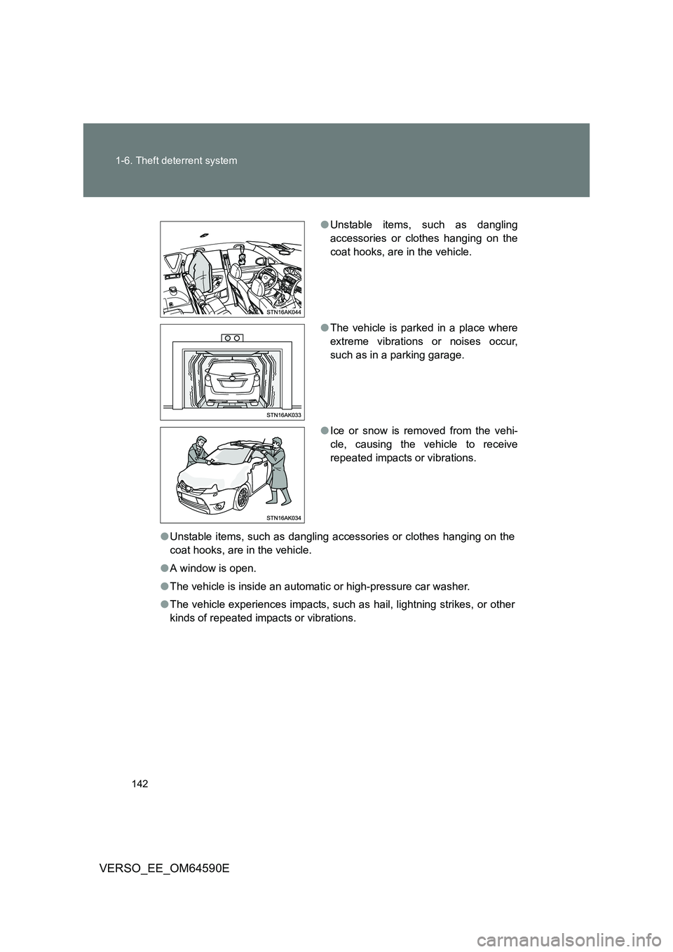 TOYOTA VERSO 2016 Owners Manual 142
1-6. Theft deterrent system
VERSO_EE_OM64590E
● Unstable items, such as dangling accessories or clothes hanging on the
coat hooks, are in the vehicle.
● A window is open.
● The vehicle i TOYOTA VERSO 2016 Owners Manual 142
1-6. Theft deterrent system
VERSO_EE_OM64590E
● Unstable items, such as dangling accessories or clothes hanging on the
coat hooks, are in the vehicle.
● A window is open.
● The vehicle i