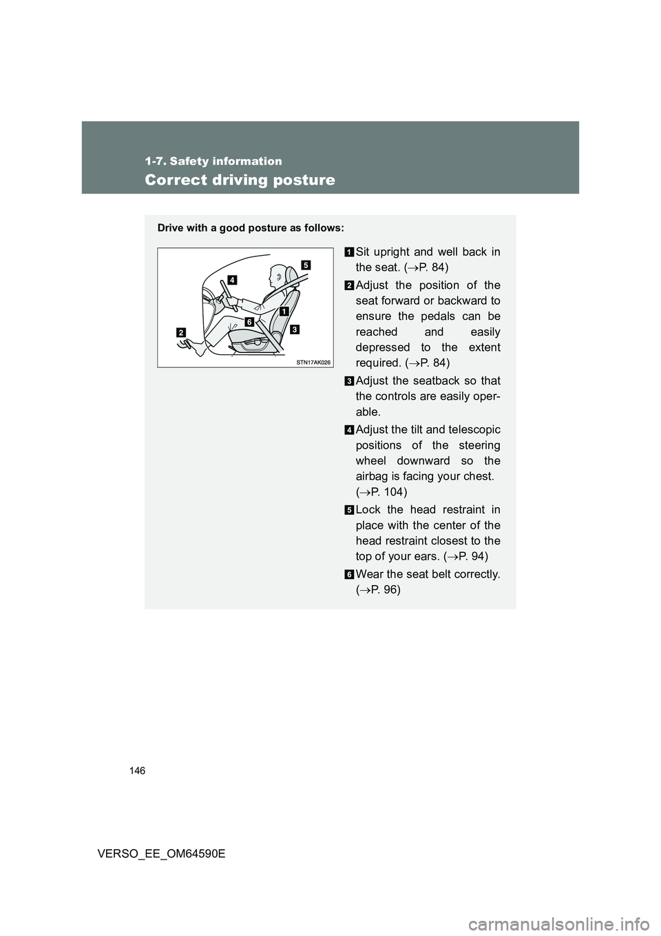 TOYOTA VERSO 2016 Owners Manual 146
VERSO_EE_OM64590E
1-7. Safety information
Correct driving posture
Drive with a good posture as follows:
Sit upright and well back in
the seat. ( P. 8 4 )
Adjust the position of the
seat for TOYOTA VERSO 2016 Owners Manual 146
VERSO_EE_OM64590E
1-7. Safety information
Correct driving posture
Drive with a good posture as follows:
Sit upright and well back in
the seat. ( P. 8 4 )
Adjust the position of the
seat for