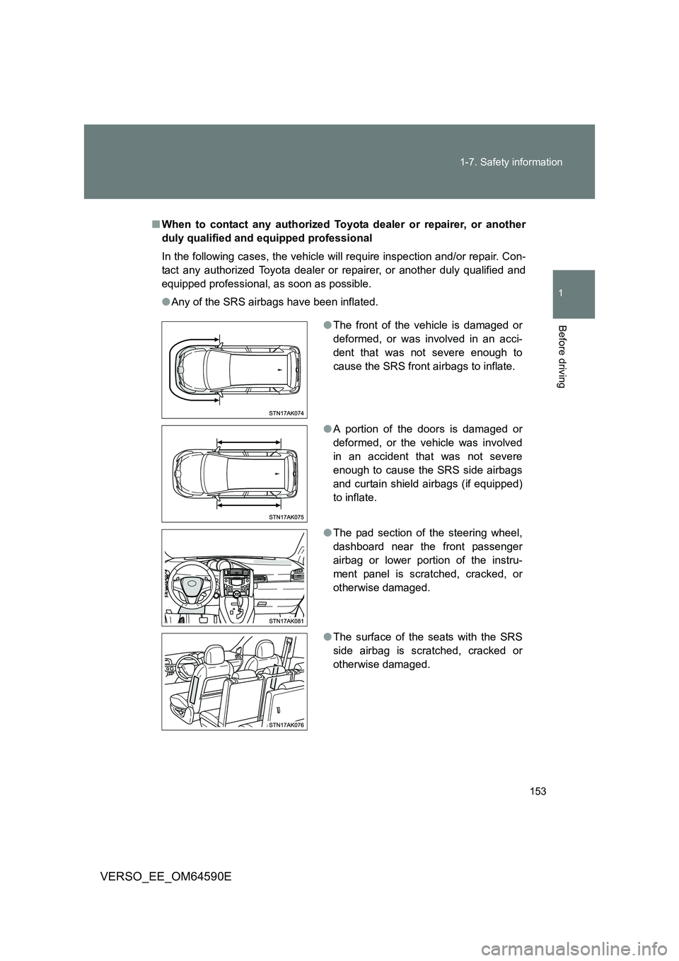 TOYOTA VERSO 2016 Owners Manual 153
1-7. Safety information
1
Before driving
VERSO_EE_OM64590E
■ When to contact any authorized Toyota dealer or repairer, or another
duly qualified and equipped professional
In the following cas TOYOTA VERSO 2016 Owners Manual 153
1-7. Safety information
1
Before driving
VERSO_EE_OM64590E
■ When to contact any authorized Toyota dealer or repairer, or another
duly qualified and equipped professional
In the following cas
