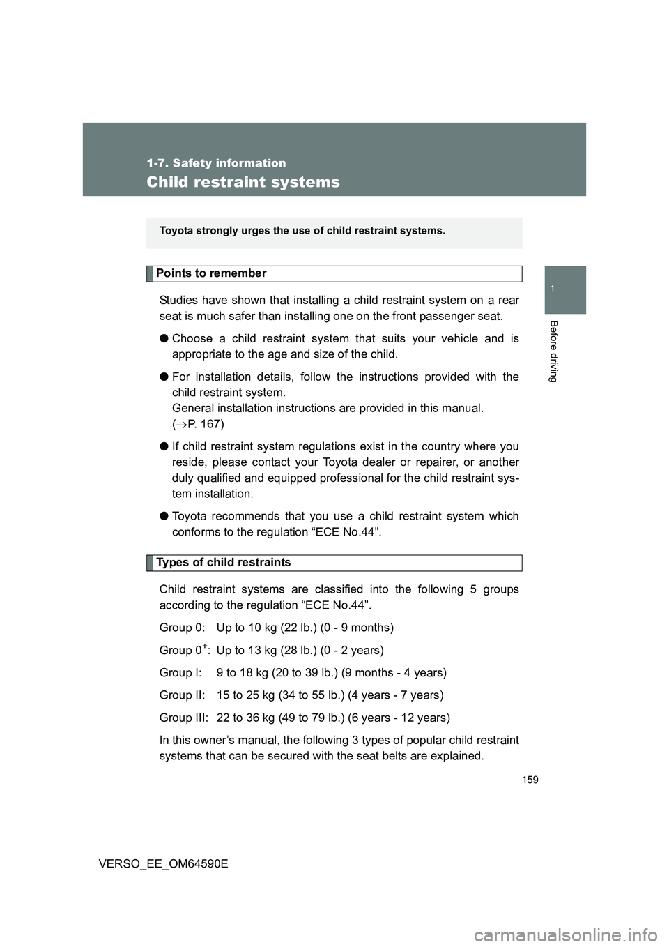 TOYOTA VERSO 2016 Owners Manual 159
1
1-7. Safety information
Before driving
VERSO_EE_OM64590E
Child restraint systems
Points to remember
Studies have shown that installing a child restraint system on a rear
seat is much safer tha TOYOTA VERSO 2016 Owners Manual 159
1
1-7. Safety information
Before driving
VERSO_EE_OM64590E
Child restraint systems
Points to remember
Studies have shown that installing a child restraint system on a rear
seat is much safer tha