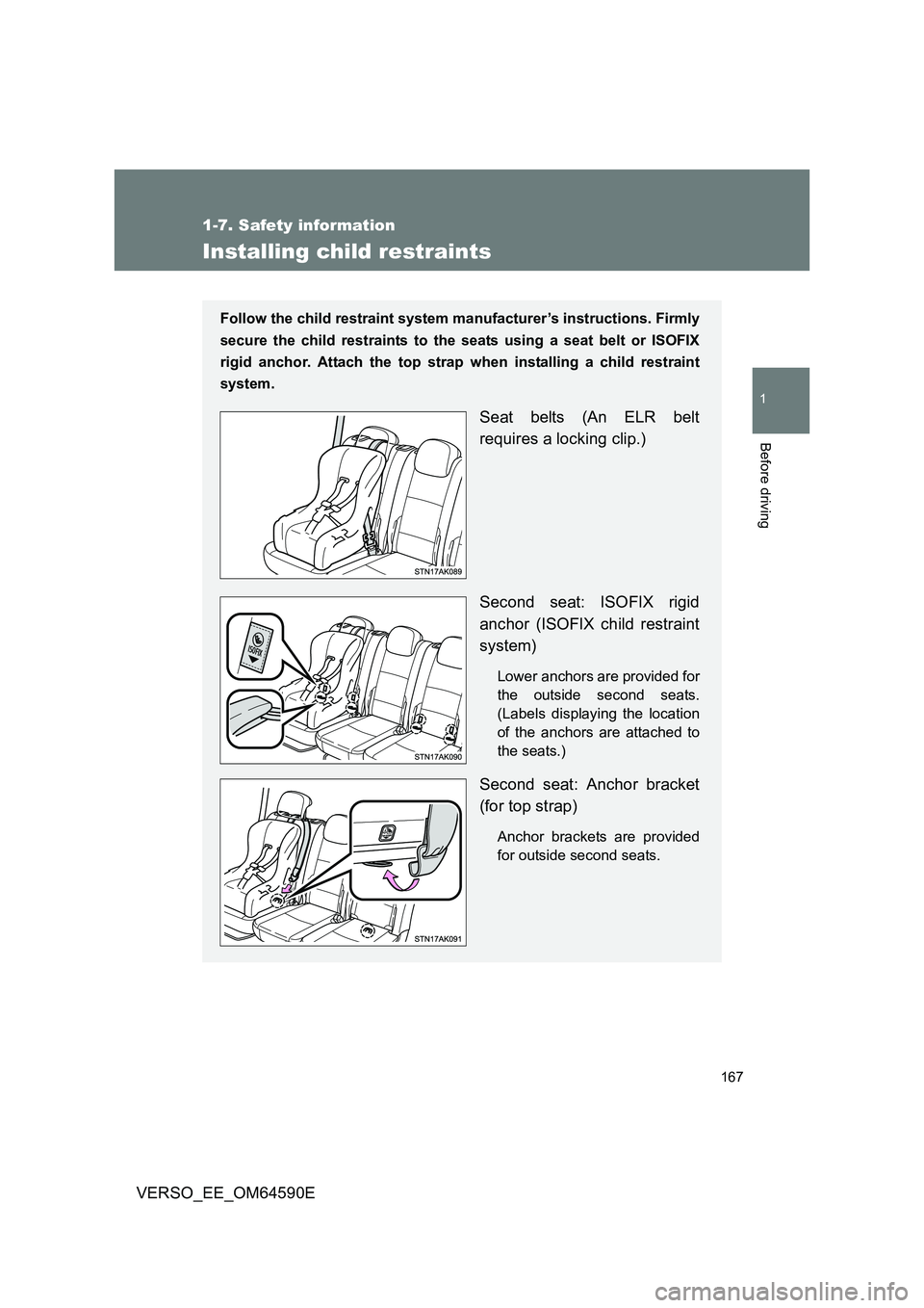 TOYOTA VERSO 2016 Owners Manual 167
1
1-7. Safety information
Before driving
VERSO_EE_OM64590E
Installing child restraints
Follow the child restraint system manufacturer’s instructions. Firmly
secure the child restraints to the s TOYOTA VERSO 2016 Owners Manual 167
1
1-7. Safety information
Before driving
VERSO_EE_OM64590E
Installing child restraints
Follow the child restraint system manufacturer’s instructions. Firmly
secure the child restraints to the s