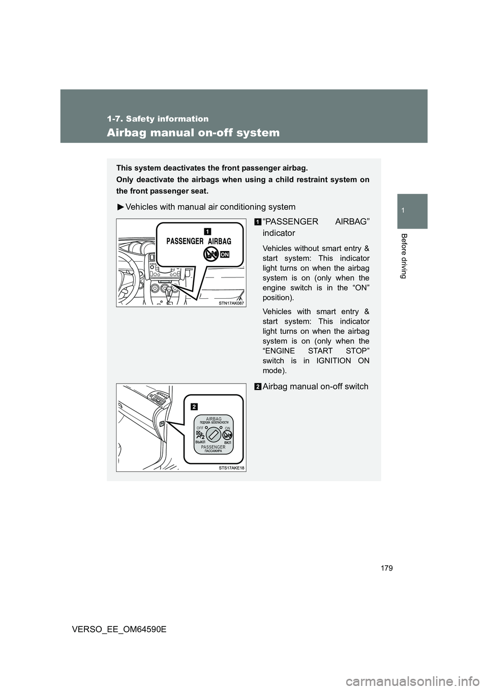 TOYOTA VERSO 2016  Owners Manual 179
1
1-7. Safety information
Before driving
VERSO_EE_OM64590E
Airbag manual on-off system
This system deactivates the front passenger airbag. 
Only deactivate the airbags when  using a child restrain