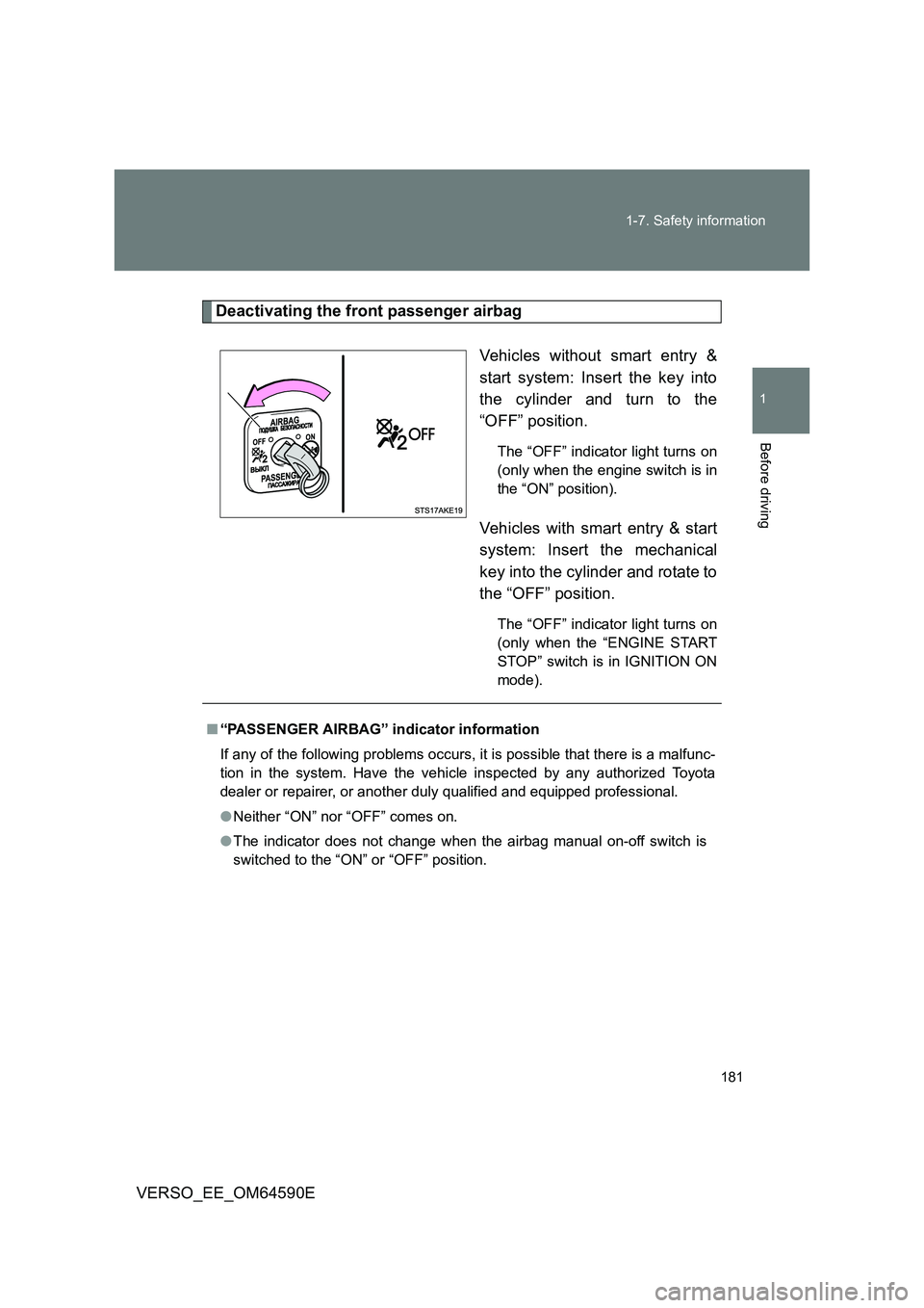 TOYOTA VERSO 2016 Owners Manual 181
1-7. Safety information
1
Before driving
VERSO_EE_OM64590E
Deactivating the front passenger airbag
Vehicles without smart entry &
start system: Insert the key into
the cylinder and turn to the TOYOTA VERSO 2016 Owners Manual 181
1-7. Safety information
1
Before driving
VERSO_EE_OM64590E
Deactivating the front passenger airbag
Vehicles without smart entry &
start system: Insert the key into
the cylinder and turn to the