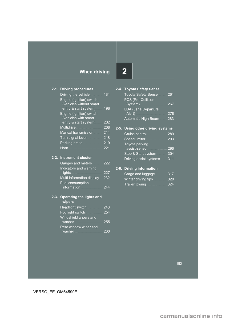 TOYOTA VERSO 2016 Owners Manual 2When driving
183
VERSO_EE_OM64590E
2-1. Driving procedures
Driving the vehicle ............ 184
Engine (ignition) switch
(vehicles without smart
entry & start system)....... 198
Engine (ignit TOYOTA VERSO 2016 Owners Manual 2When driving
183
VERSO_EE_OM64590E
2-1. Driving procedures
Driving the vehicle ............ 184
Engine (ignition) switch
(vehicles without smart
entry & start system)....... 198
Engine (ignit