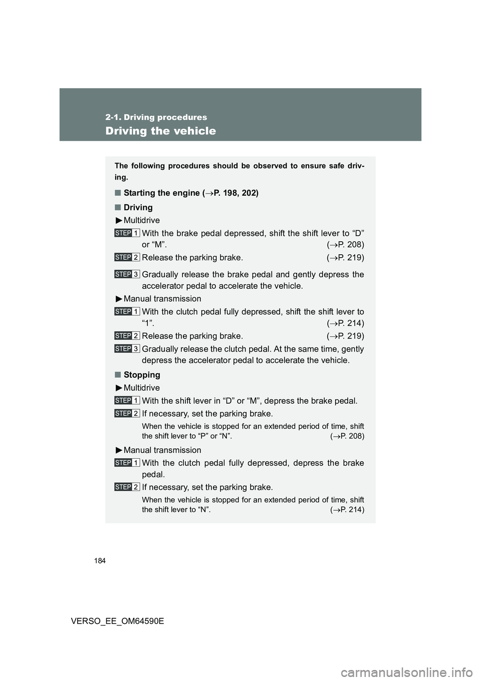 TOYOTA VERSO 2016  Owners Manual 184
VERSO_EE_OM64590E
2-1. Driving procedures
Driving the vehicle
The following procedures should be observed to ensure safe driv- 
ing.
■ Starting the engine (P. 198, 202) 
■ Driving 
Multidri