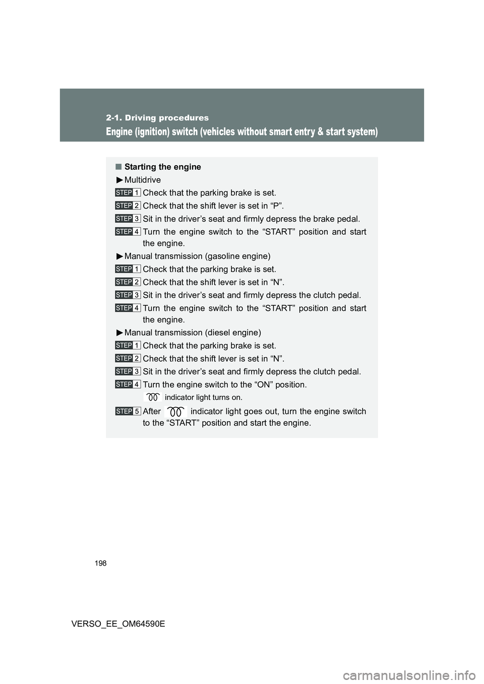 TOYOTA VERSO 2016 Owners Manual 198
2-1. Driving procedures
VERSO_EE_OM64590E
Engine (ignition) switch (vehicles without smart entr y & start system)
■Starting the engine
Multidrive
Check that the parking brake is set.
Check tha TOYOTA VERSO 2016 Owners Manual 198
2-1. Driving procedures
VERSO_EE_OM64590E
Engine (ignition) switch (vehicles without smart entr y & start system)
■Starting the engine
Multidrive
Check that the parking brake is set.
Check tha