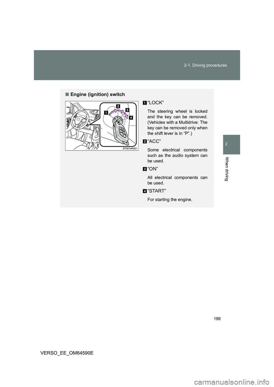 TOYOTA VERSO 2016 Owners Manual 199
2-1. Driving procedures
2
When driving
VERSO_EE_OM64590E
■ Engine (ignition) switch
“LOCK”
The steering wheel is locked
and the key can be removed.
(Vehicles with a Multidrive: The
key ca TOYOTA VERSO 2016 Owners Manual 199
2-1. Driving procedures
2
When driving
VERSO_EE_OM64590E
■ Engine (ignition) switch
“LOCK”
The steering wheel is locked
and the key can be removed.
(Vehicles with a Multidrive: The
key ca