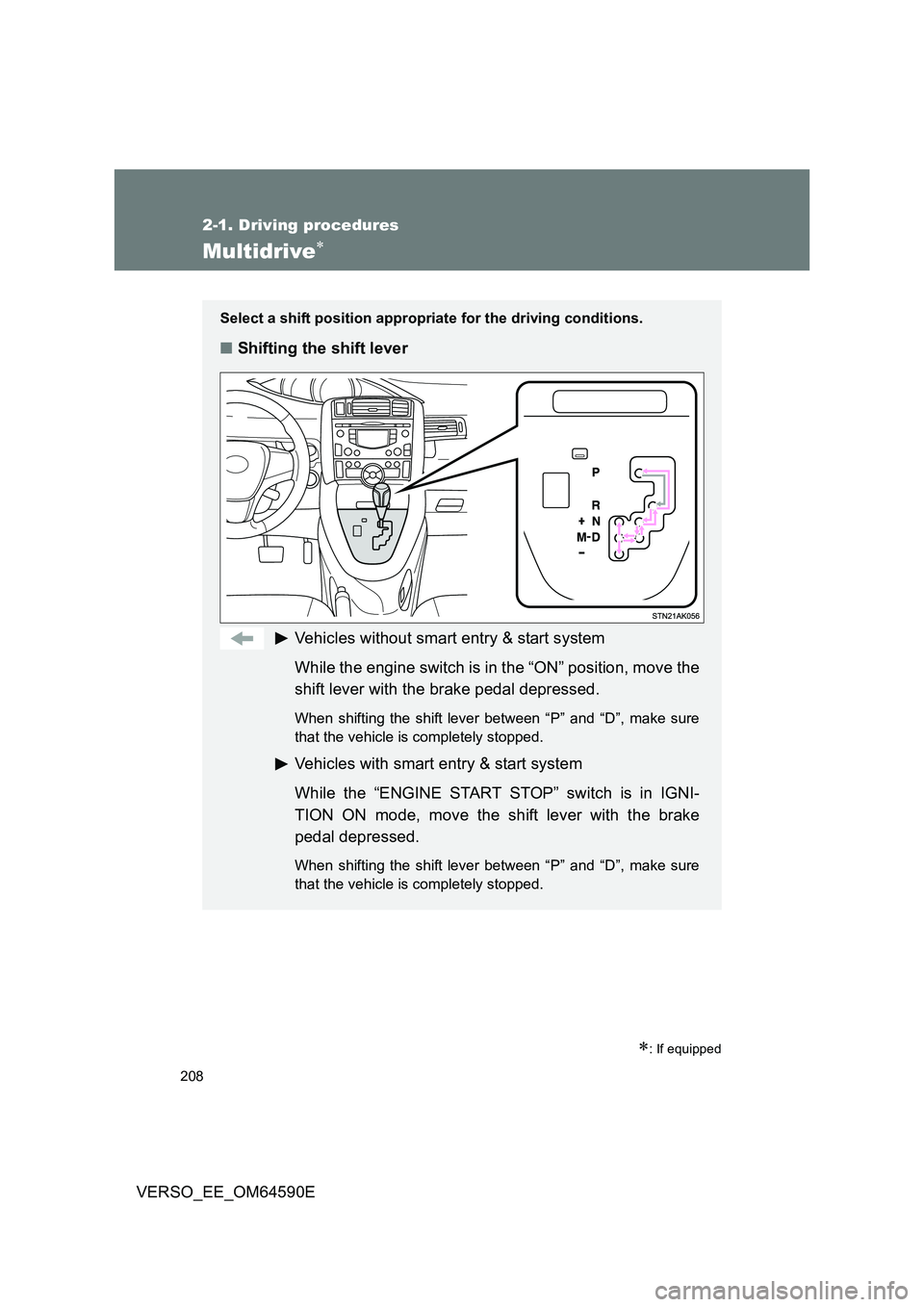 TOYOTA VERSO 2016 Owners Manual 208
2-1. Driving procedures
VERSO_EE_OM64590E
Multidrive
: If equipped
Select a shift position appropriate for the driving conditions.
■Shifting the shift lever
Vehicles without smart entry & TOYOTA VERSO 2016 Owners Manual 208
2-1. Driving procedures
VERSO_EE_OM64590E
Multidrive
: If equipped
Select a shift position appropriate for the driving conditions.
■Shifting the shift lever
Vehicles without smart entry &