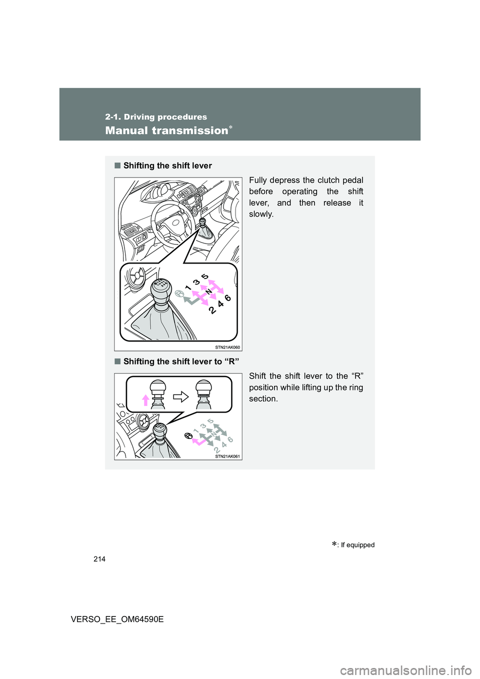 TOYOTA VERSO 2016  Owners Manual 214
2-1. Driving procedures
VERSO_EE_OM64590E
Manual transmission
: If equipped
■Shifting the shift lever  
Fully depress the clutch pedal 
before operating the shift 
lever, and then release 