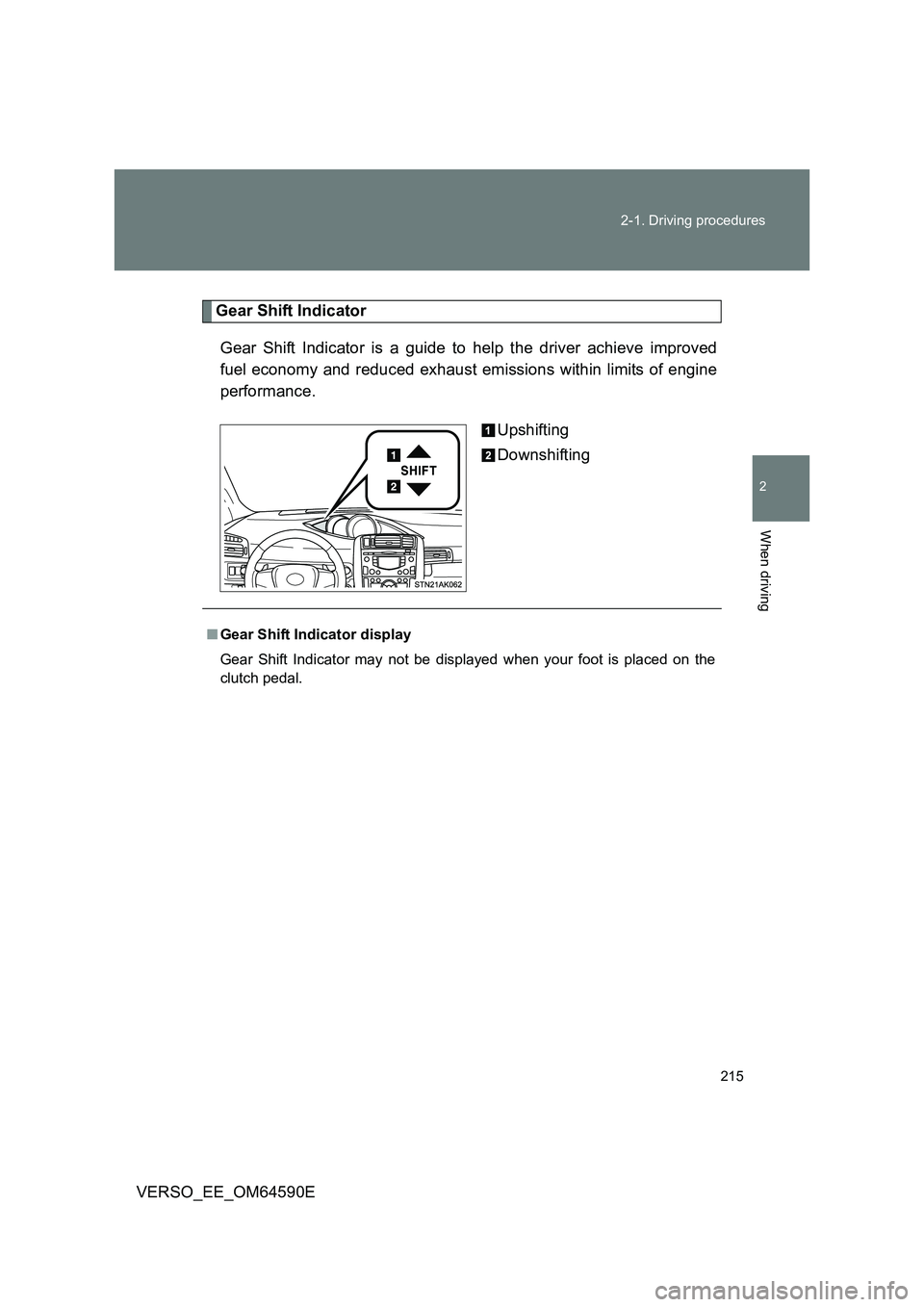 TOYOTA VERSO 2016  Owners Manual 215 
2-1. Driving procedures
2
When driving
VERSO_EE_OM64590E
Gear Shift Indicator 
Gear Shift Indicator is a guide to help the driver achieve improved 
fuel economy and reduced exhaust emissions with