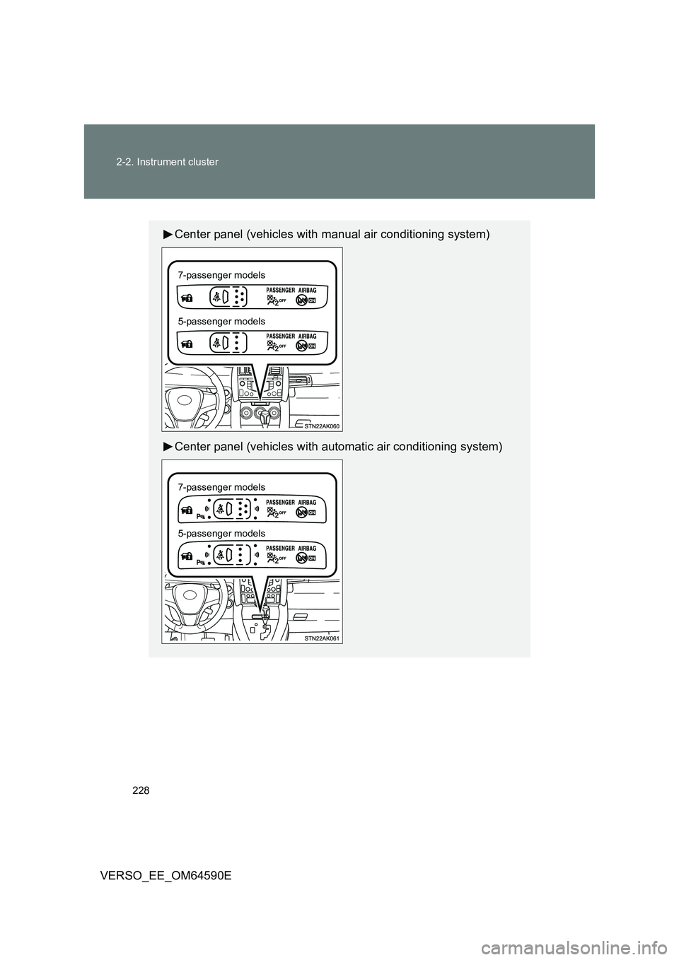 TOYOTA VERSO 2016 Owners Manual 228
2-2. Instrument cluster
VERSO_EE_OM64590E
Center panel (vehicles with manual air conditioning system)
Center panel (vehicles with automatic air conditioning system)
7-passenger models
5-passeng TOYOTA VERSO 2016 Owners Manual 228
2-2. Instrument cluster
VERSO_EE_OM64590E
Center panel (vehicles with manual air conditioning system)
Center panel (vehicles with automatic air conditioning system)
7-passenger models
5-passeng
