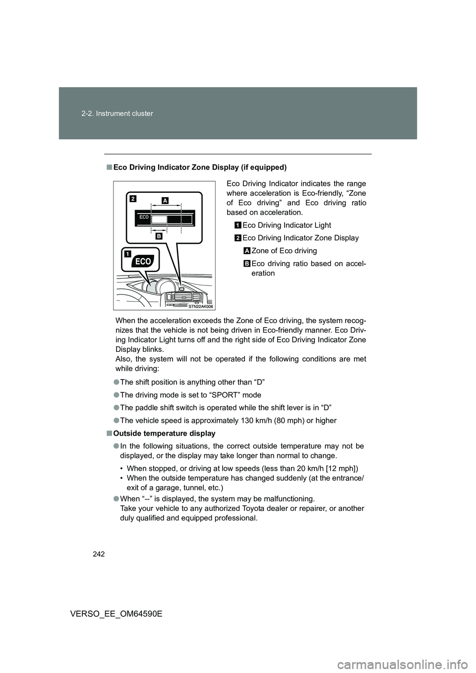 TOYOTA VERSO 2016 Owners Manual 242
2-2. Instrument cluster
VERSO_EE_OM64590E
■ Eco Driving Indicator Zone Display (if equipped)
When the acceleration exceeds the Zone of Eco driving, the system recog-
nizes that the vehicle is TOYOTA VERSO 2016 Owners Manual 242
2-2. Instrument cluster
VERSO_EE_OM64590E
■ Eco Driving Indicator Zone Display (if equipped)
When the acceleration exceeds the Zone of Eco driving, the system recog-
nizes that the vehicle is