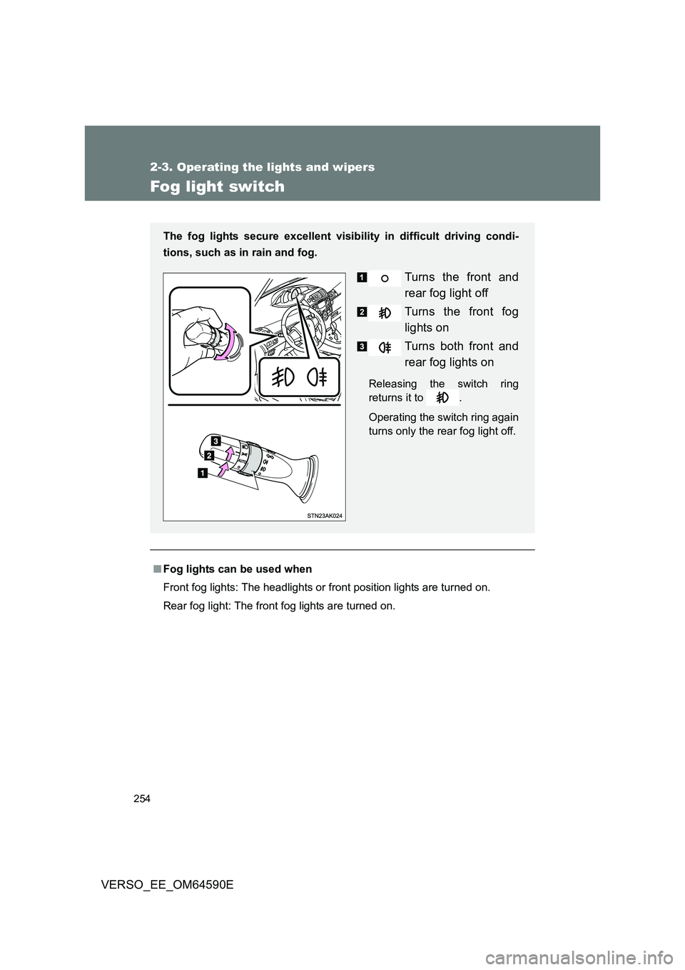 TOYOTA VERSO 2016  Owners Manual 254
2-3. Operating the lights and wipers
VERSO_EE_OM64590E
Fog light switch
■Fog lights can be used when 
Front fog lights: The headlights or  front position lights are turned on. 
Rear fog light: T