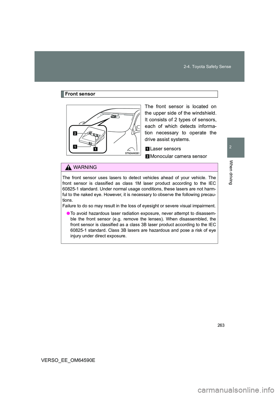 TOYOTA VERSO 2016 Owners Manual 263
2-4. Toyota Safety Sense
2
When driving
VERSO_EE_OM64590E
Front sensor
The front sensor is located on
the upper side of the windshield.
It consists of 2 types of sensors,
each of which detects TOYOTA VERSO 2016 Owners Manual 263
2-4. Toyota Safety Sense
2
When driving
VERSO_EE_OM64590E
Front sensor
The front sensor is located on
the upper side of the windshield.
It consists of 2 types of sensors,
each of which detects
