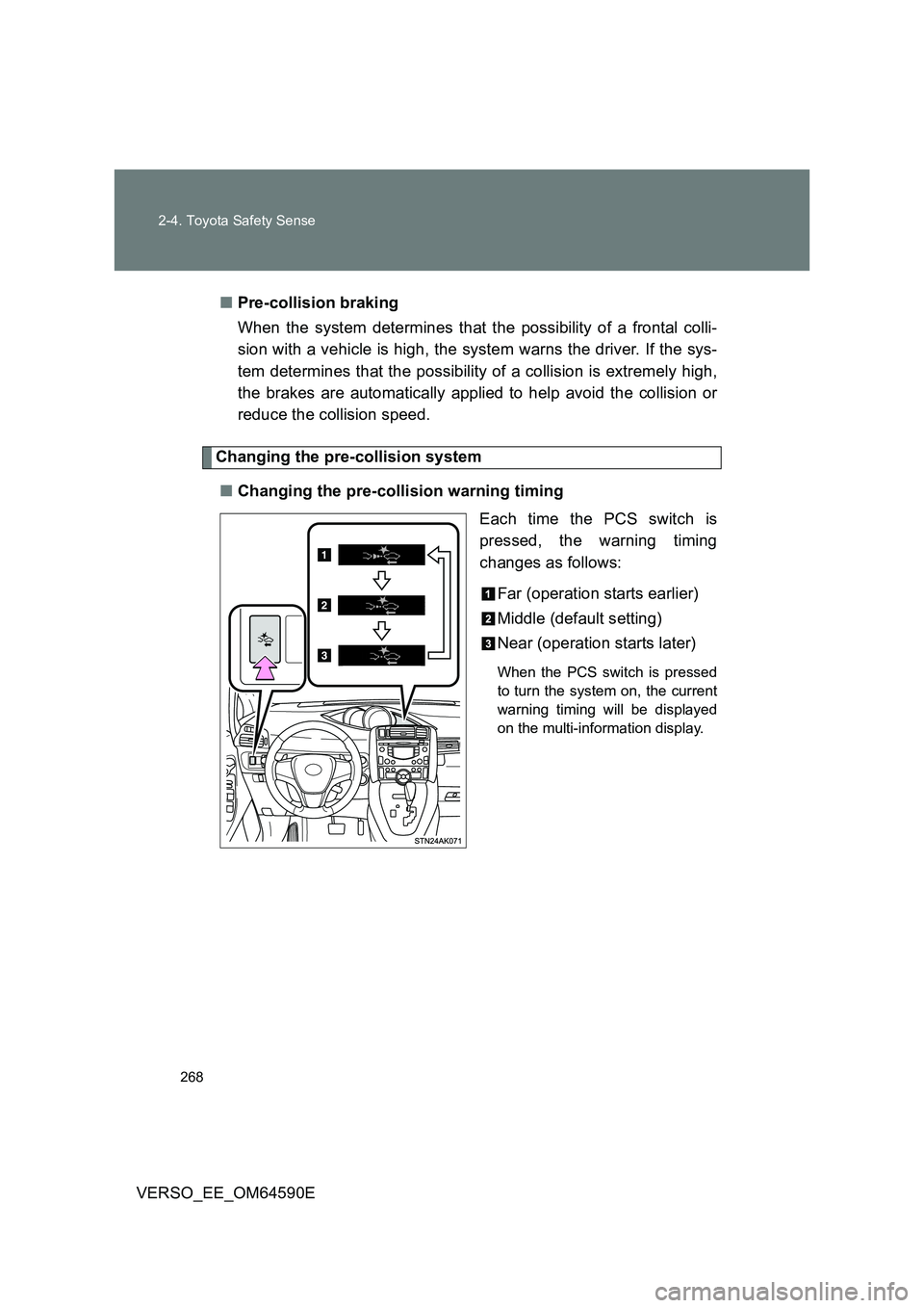 TOYOTA VERSO 2016 Owners Manual 268
2-4. Toyota Safety Sense
VERSO_EE_OM64590E
■ Pre-collision braking
When the system determines that the possibility of a frontal colli-
sion with a vehicle is high, the system warns the drive TOYOTA VERSO 2016 Owners Manual 268
2-4. Toyota Safety Sense
VERSO_EE_OM64590E
■ Pre-collision braking
When the system determines that the possibility of a frontal colli-
sion with a vehicle is high, the system warns the drive