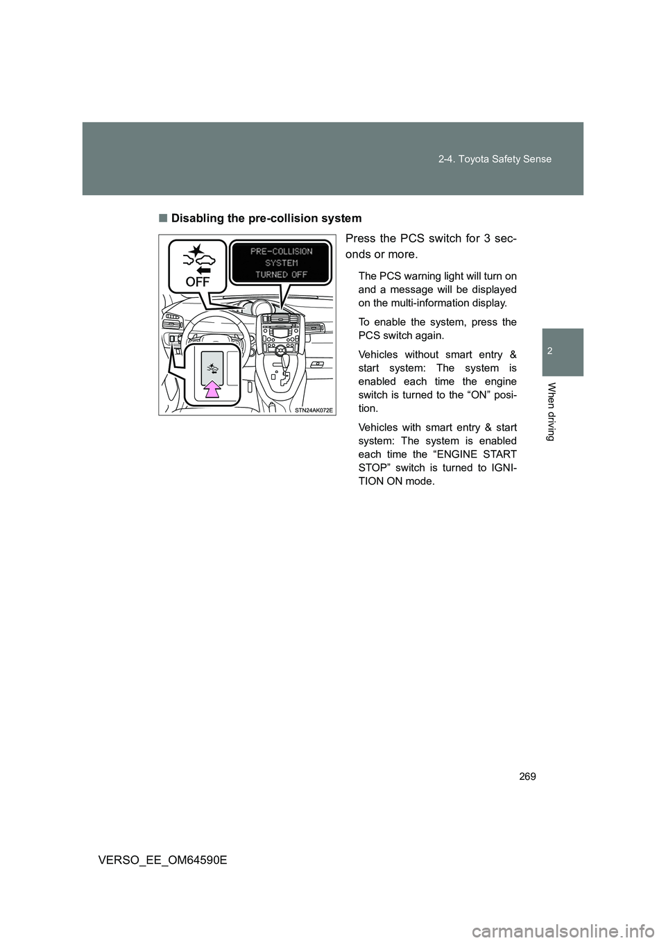 TOYOTA VERSO 2016 Owners Manual 269
2-4. Toyota Safety Sense
2
When driving
VERSO_EE_OM64590E
■ Disabling the pre-collision system
Press the PCS switch for 3 sec-
onds or more.
The PCS warning light will turn on
and a message TOYOTA VERSO 2016 Owners Manual 269
2-4. Toyota Safety Sense
2
When driving
VERSO_EE_OM64590E
■ Disabling the pre-collision system
Press the PCS switch for 3 sec-
onds or more.
The PCS warning light will turn on
and a message