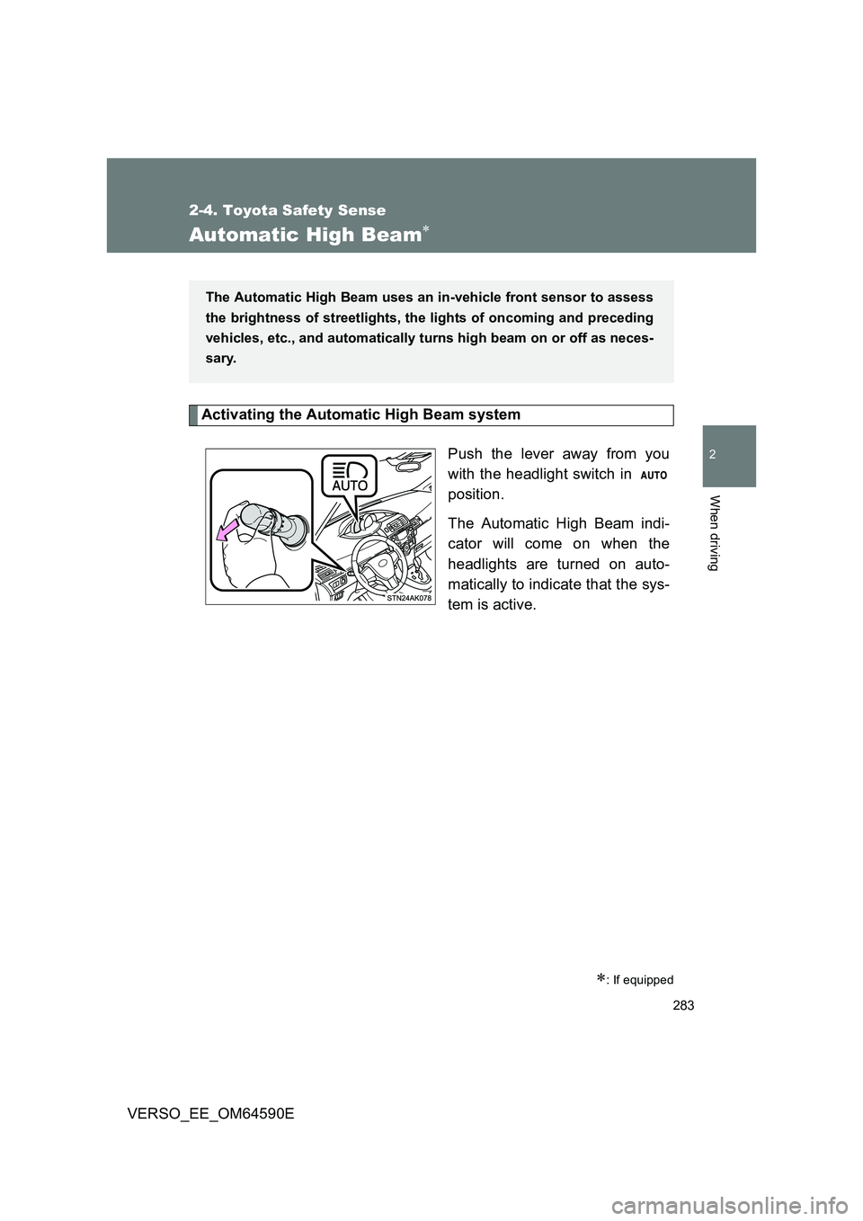 TOYOTA VERSO 2016  Owners Manual 283
2-4. Toyota Safety Sense
2
When driving
VERSO_EE_OM64590E
Automatic High Beam
Activating the Automatic High Beam system 
Push the lever away from you 
with the headlight switch in  
position. 

