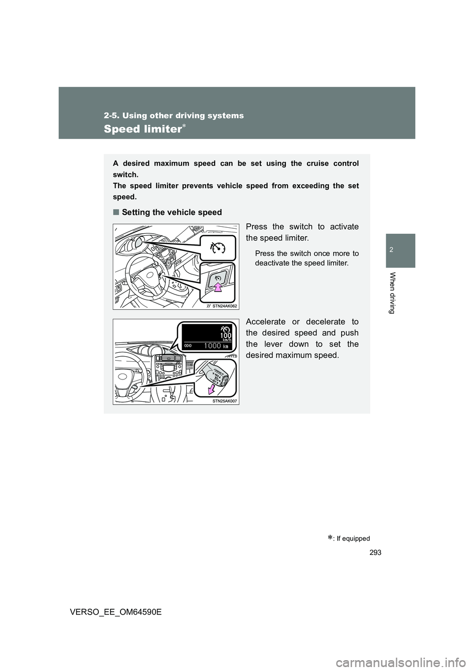 TOYOTA VERSO 2016 Owners Manual 293
2-5. Using other driving systems
2
When driving
VERSO_EE_OM64590E
Speed limiter
: If equipped
A desired maximum speed can be set using the cruise control
switch.
The speed limiter prevents TOYOTA VERSO 2016 Owners Manual 293
2-5. Using other driving systems
2
When driving
VERSO_EE_OM64590E
Speed limiter
: If equipped
A desired maximum speed can be set using the cruise control
switch.
The speed limiter prevents