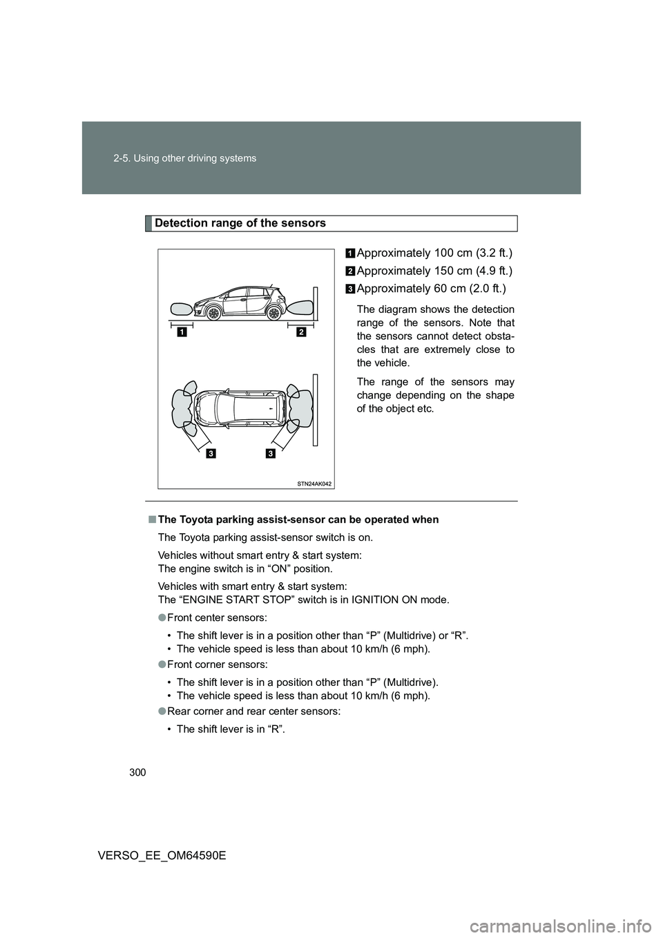 TOYOTA VERSO 2016 Owners Manual 300
2-5. Using other driving systems
VERSO_EE_OM64590E
Detection range of the sensors
Approximately 100 cm (3.2 ft.)
Approximately 150 cm (4.9 ft.)
Approximately 60 cm (2.0 ft.)
The diagram shows t TOYOTA VERSO 2016 Owners Manual 300
2-5. Using other driving systems
VERSO_EE_OM64590E
Detection range of the sensors
Approximately 100 cm (3.2 ft.)
Approximately 150 cm (4.9 ft.)
Approximately 60 cm (2.0 ft.)
The diagram shows t