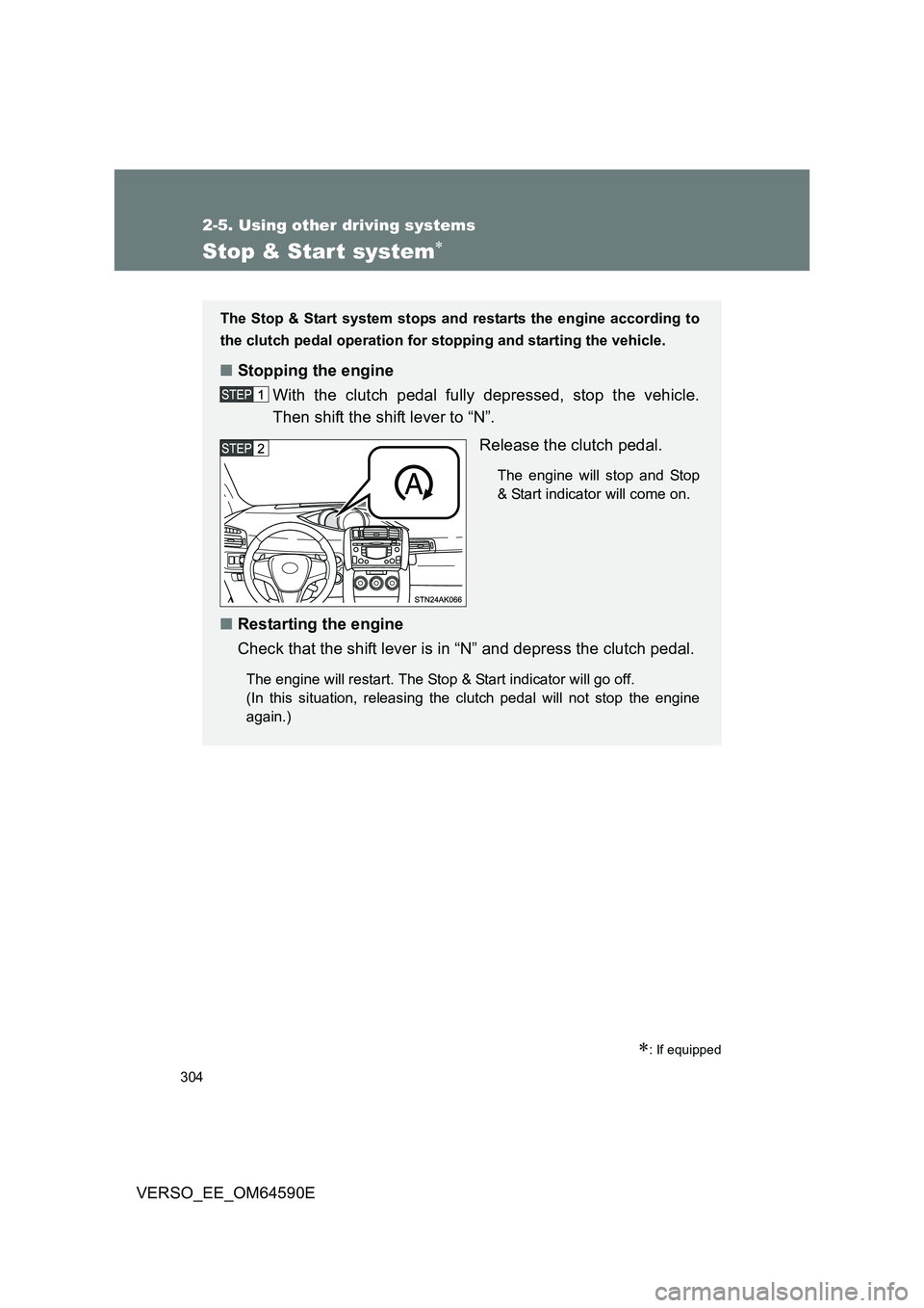 TOYOTA VERSO 2016 Owners Manual 304
2-5. Using other driving systems
VERSO_EE_OM64590E
Stop & Star t system
: If equipped
The Stop & Start system stops and restarts the engine according to
the clutch pedal operation for st op TOYOTA VERSO 2016 Owners Manual 304
2-5. Using other driving systems
VERSO_EE_OM64590E
Stop & Star t system
: If equipped
The Stop & Start system stops and restarts the engine according to
the clutch pedal operation for st op