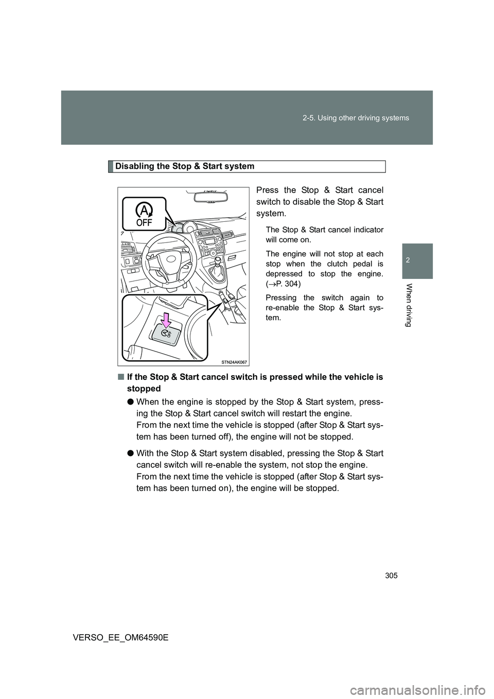 TOYOTA VERSO 2016 Owners Manual 305
2-5. Using other driving systems
2
When driving
VERSO_EE_OM64590E
Disabling the Stop & Start system
Press the Stop & Start cancel
switch to disable the Stop & Start
system.
The Stop & Start can TOYOTA VERSO 2016 Owners Manual 305
2-5. Using other driving systems
2
When driving
VERSO_EE_OM64590E
Disabling the Stop & Start system
Press the Stop & Start cancel
switch to disable the Stop & Start
system.
The Stop & Start can
