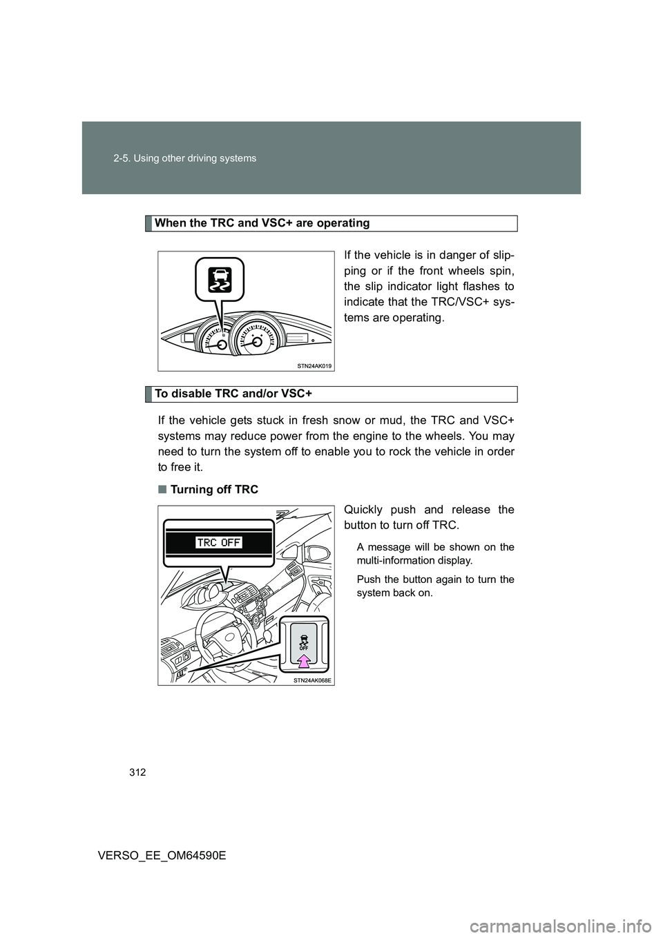 TOYOTA VERSO 2016 Owners Manual 312
2-5. Using other driving systems
VERSO_EE_OM64590E
When the TRC and VSC+ are operating
If the vehicle is in danger of slip-
ping or if the front wheels spin,
the slip indicator light flashes to TOYOTA VERSO 2016 Owners Manual 312
2-5. Using other driving systems
VERSO_EE_OM64590E
When the TRC and VSC+ are operating
If the vehicle is in danger of slip-
ping or if the front wheels spin,
the slip indicator light flashes to