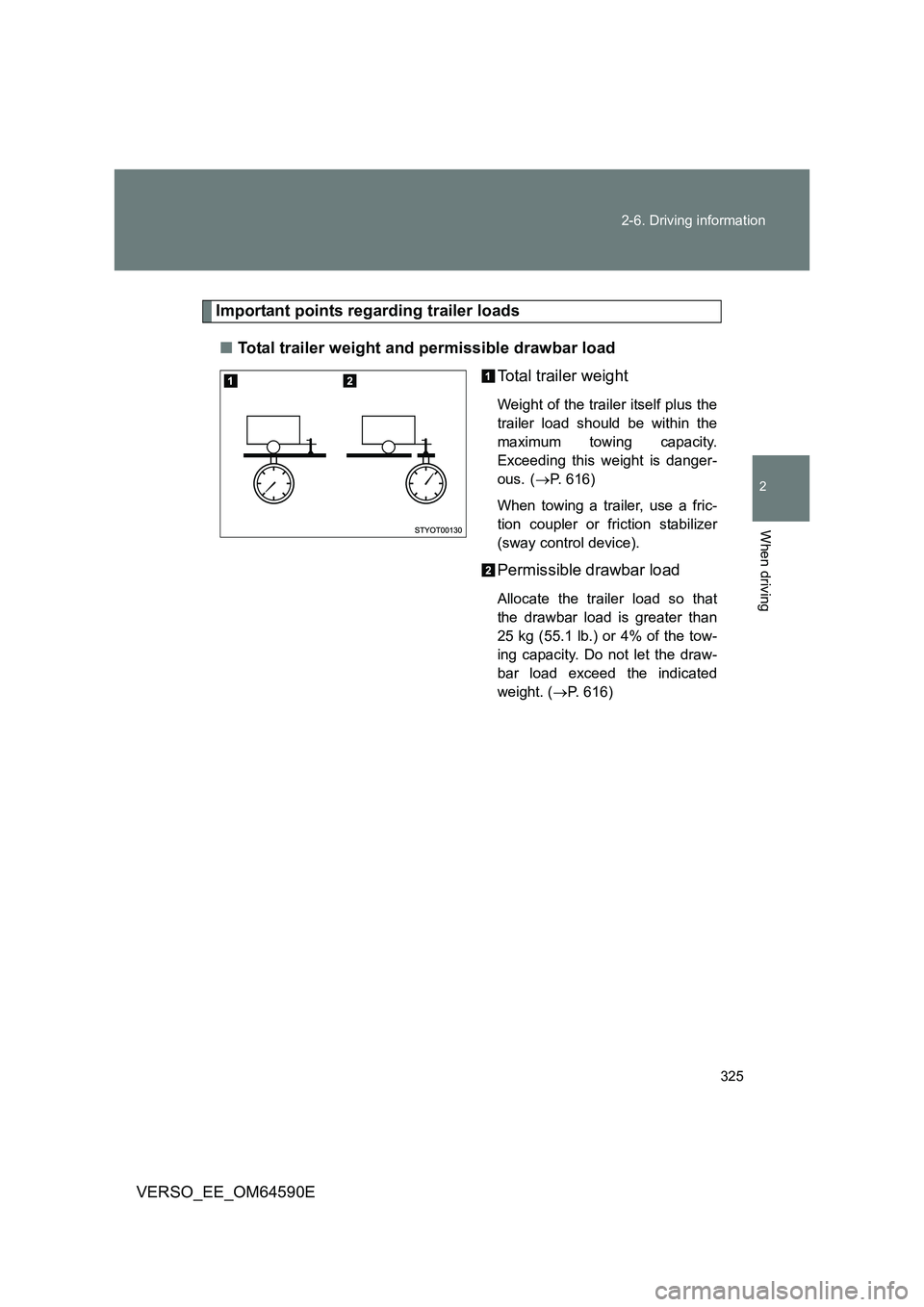 TOYOTA VERSO 2016 Owners Manual 325
2-6. Driving information
2
When driving
VERSO_EE_OM64590E
Important points regarding trailer loads
■ Total trailer weight and permissible drawbar load
Total trailer weight
Weight of the trail TOYOTA VERSO 2016 Owners Manual 325
2-6. Driving information
2
When driving
VERSO_EE_OM64590E
Important points regarding trailer loads
■ Total trailer weight and permissible drawbar load
Total trailer weight
Weight of the trail
