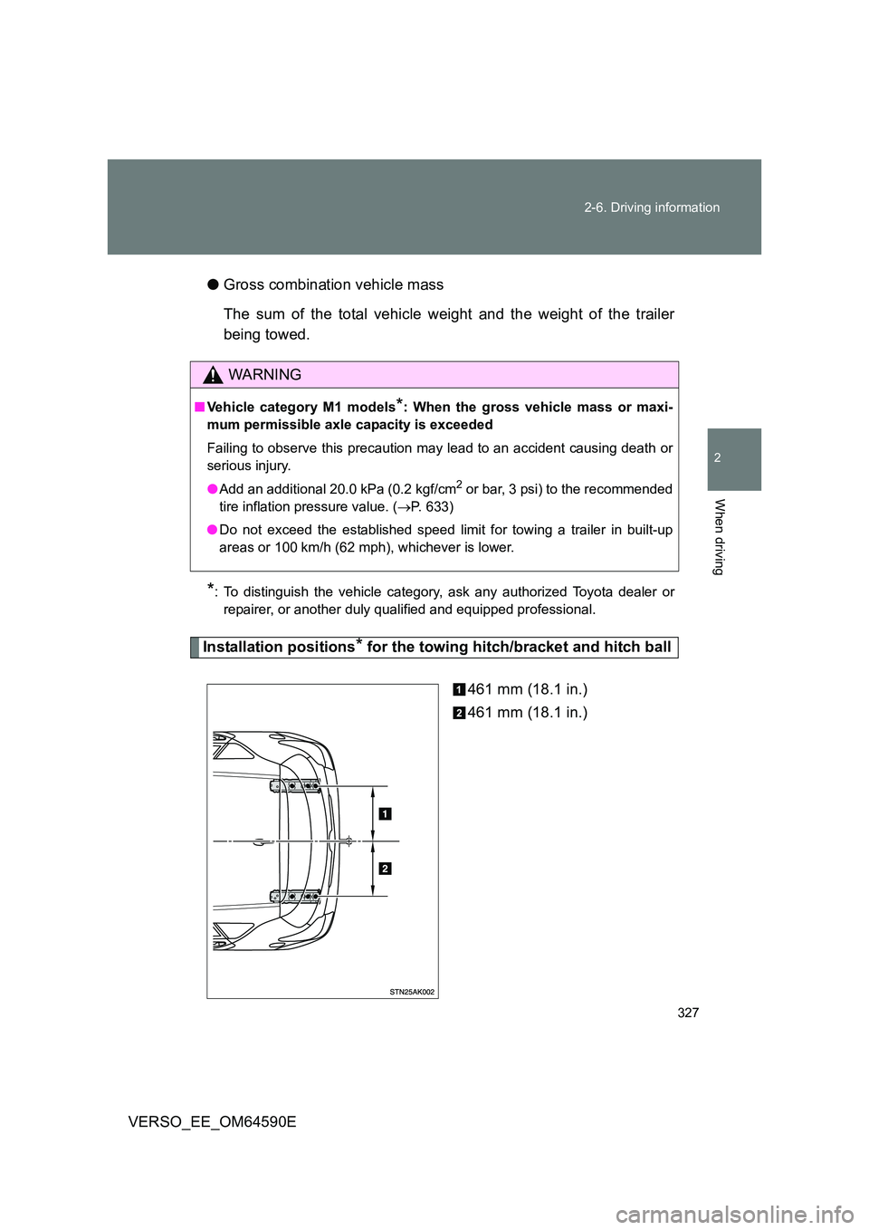 TOYOTA VERSO 2016 Owners Manual 327
2-6. Driving information
2
When driving
VERSO_EE_OM64590E
● Gross combination vehicle mass
The sum of the total vehicle weight and the weight of the trailer
being towed.
*: To distinguish th TOYOTA VERSO 2016 Owners Manual 327
2-6. Driving information
2
When driving
VERSO_EE_OM64590E
● Gross combination vehicle mass
The sum of the total vehicle weight and the weight of the trailer
being towed.
*: To distinguish th