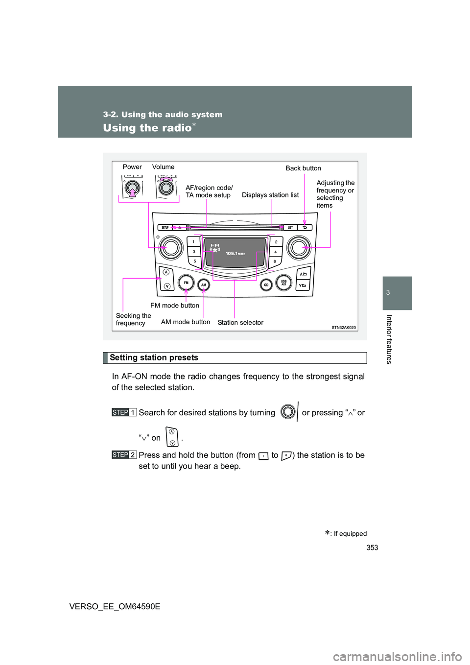TOYOTA VERSO 2016 Owners Manual 353
3-2. Using the audio system
3
Interior features
VERSO_EE_OM64590E
Using the radio
Setting station presets
In AF-ON mode the radio changes frequency to the strongest signal
of the selected sta TOYOTA VERSO 2016 Owners Manual 353
3-2. Using the audio system
3
Interior features
VERSO_EE_OM64590E
Using the radio
Setting station presets
In AF-ON mode the radio changes frequency to the strongest signal
of the selected sta