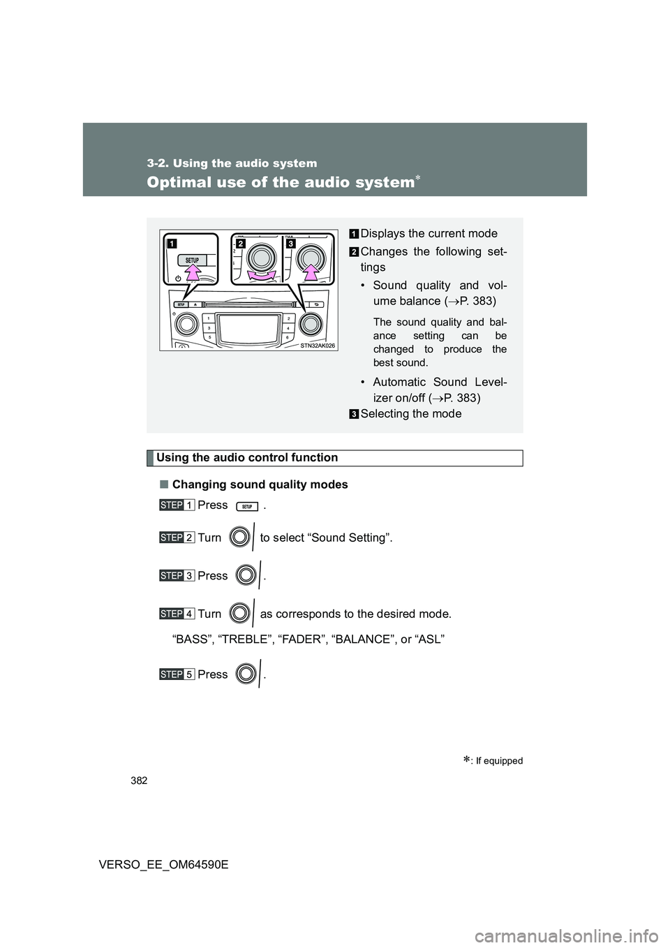 TOYOTA VERSO 2016  Owners Manual 382
3-2. Using the audio system
VERSO_EE_OM64590E
Optimal use of the audio system
Using the audio control function 
■ Changing sound quality modes 
Press . 
Turn   to select “Sound Setting”. 