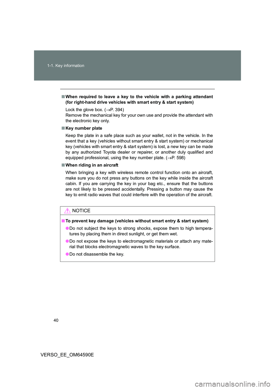 TOYOTA VERSO 2016 Owners Guide 40 
1-1. Key information
VERSO_EE_OM64590E
■ When required to leave a key to the vehicle with a parking attendant 
(for right-hand drive vehicles with smart entry & start system) 
Lock the glove box