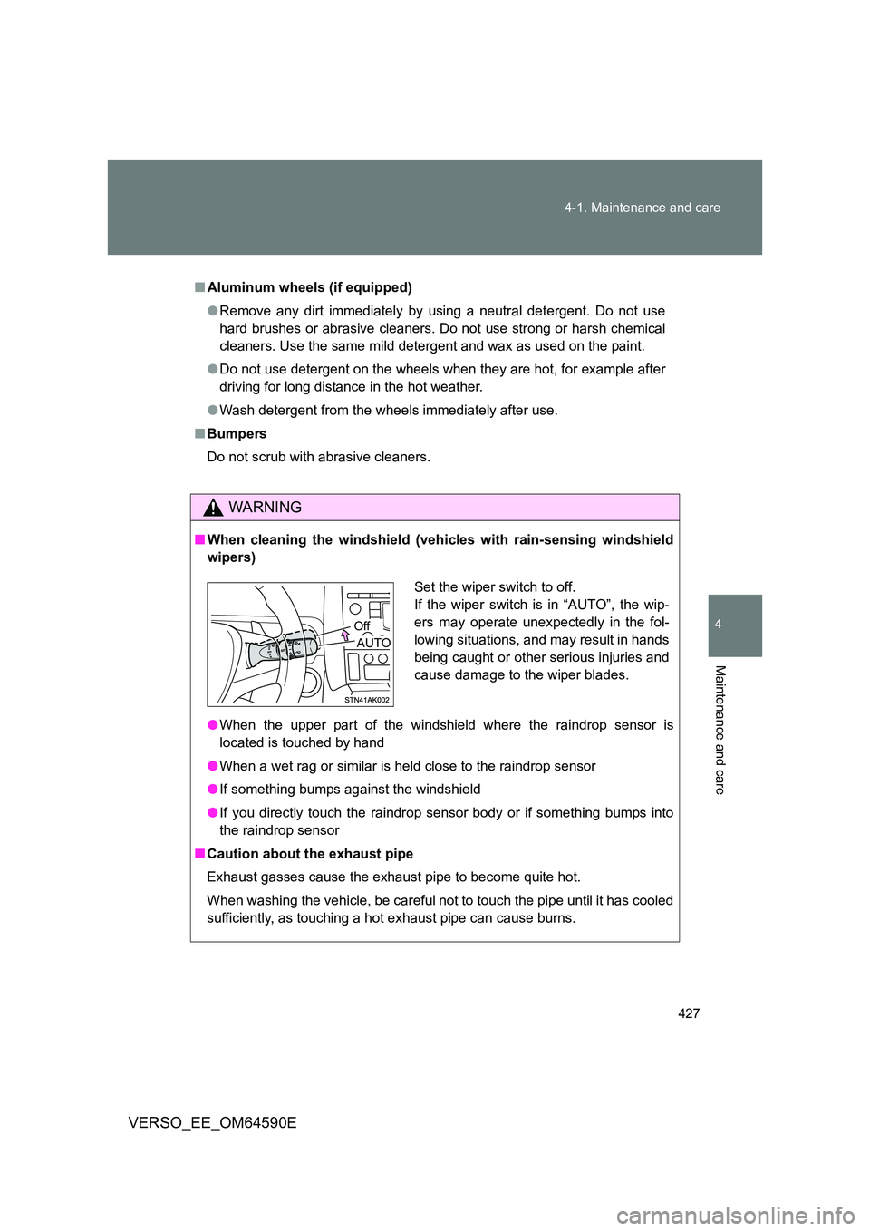TOYOTA VERSO 2016 Owners Manual 427
4-1. Maintenance and care
4
Maintenance and care
VERSO_EE_OM64590E
■ Aluminum wheels (if equipped)
● Remove any dirt immediately by using a neutral detergent. Do not use
hard brushes or abr TOYOTA VERSO 2016 Owners Manual 427
4-1. Maintenance and care
4
Maintenance and care
VERSO_EE_OM64590E
■ Aluminum wheels (if equipped)
● Remove any dirt immediately by using a neutral detergent. Do not use
hard brushes or abr