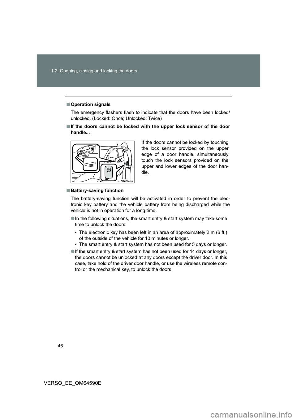 TOYOTA VERSO 2016 Service Manual 46 
1-2. Opening, closing and locking the doors
VERSO_EE_OM64590E
■ Operation signals 
The emergency flashers flash to indicate that the doors have been locked/ 
unlocked. (Locked: Once; Unlocked: T