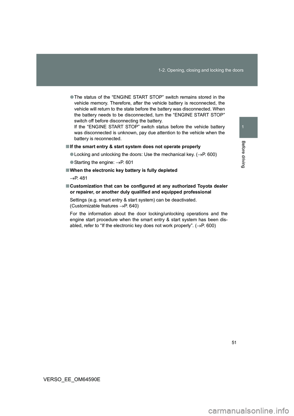 TOYOTA VERSO 2016 Workshop Manual 51 
1-2. Opening, closing and locking the doors
1
Before driving
VERSO_EE_OM64590E
● The status of the “ENGINE START STOP” switch remains stored in the 
vehicle memory. Therefore, after the vehi